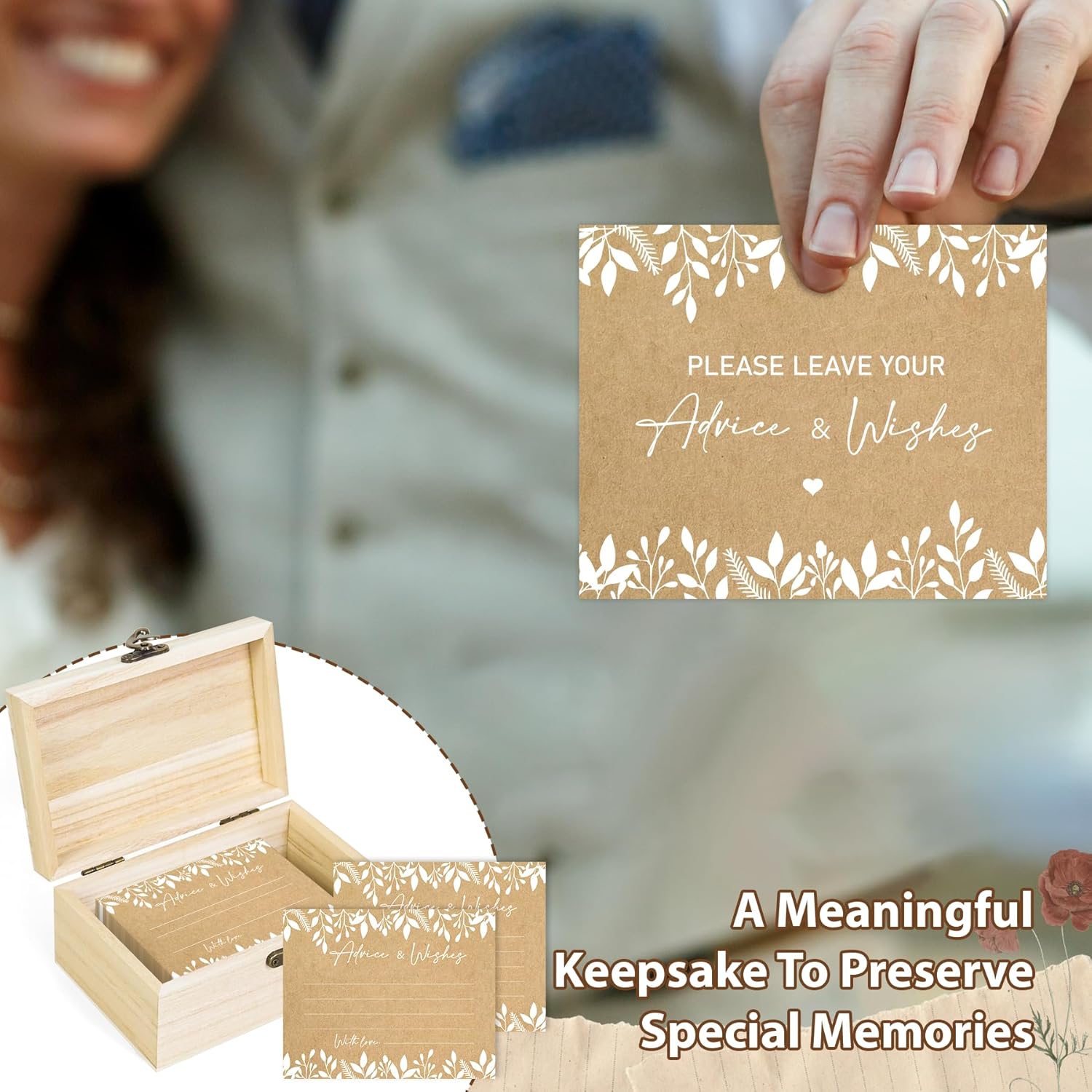 52 Pcs Wedding Rustic Leaf Advice Cards Box Set Baby Shower Party Decor Included 1 Wood Box 1 Showing Card And 50 Wishes Cards Game Ideas Themed Birthday Bridal Shower