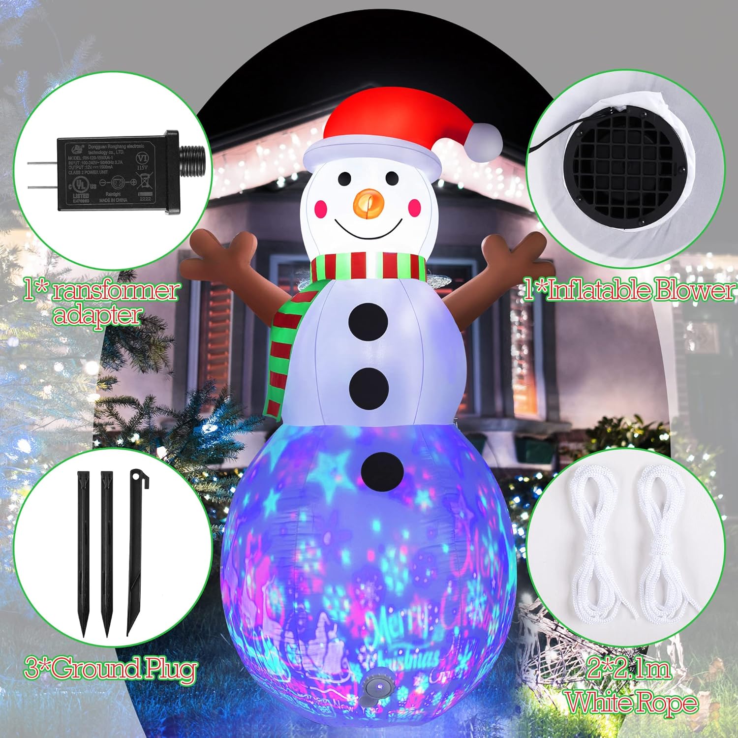 7Ft Christmas Inflatable Snowman Decoration With Built In Music, Christmas Inflatables Blowup With Projector Led Lights,