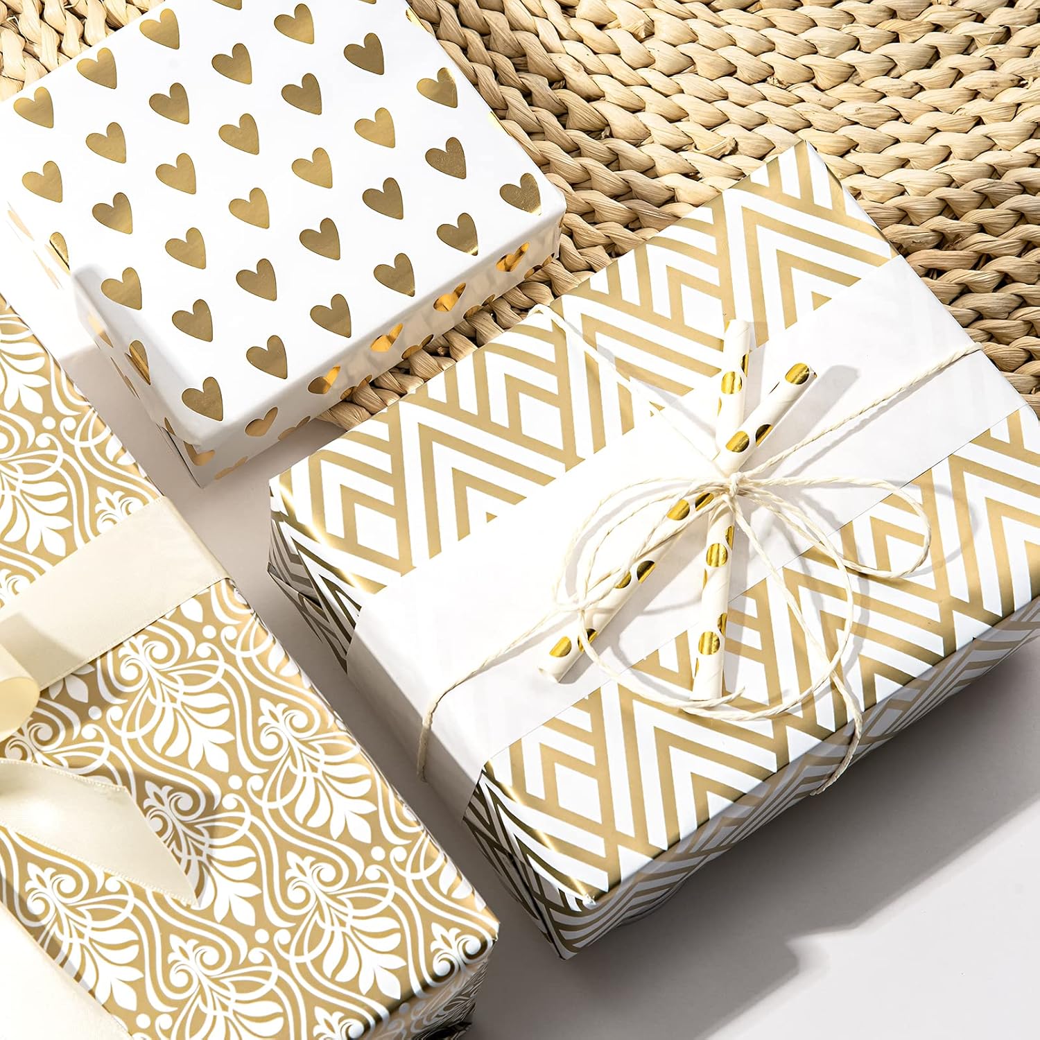 Gold Wrapping Paper Roll, Luxury Metallic Gift Wrap With Heart, Geometric & Floral Pattern For Wedding, Birthday, Anniversary, Bridal Shower, Christmas, Valentines, 17 X 120 Inches, 3Rolls