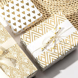 Gold Wrapping Paper Roll, Luxury Metallic Gift Wrap With Heart, Geometric & Floral Pattern For Wedding, Birthday, Anniversary, Bridal Shower, Christmas, Valentines, 17 X 120 Inches, 3Rolls