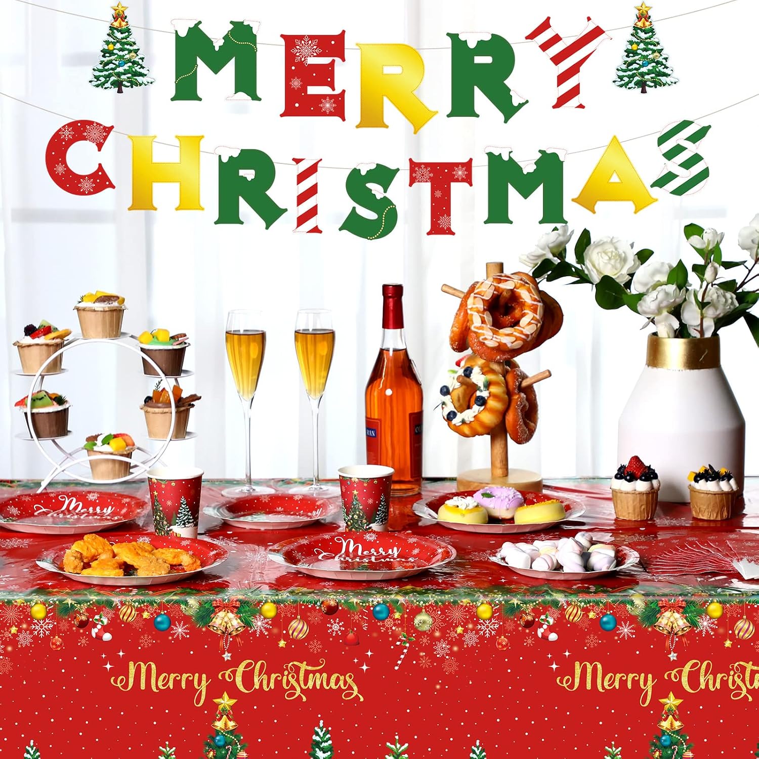 Christmas Party Supplies Tableware Set Xmas Party Decoration Christmas Tree Paper Plates Napkins Snowflakes Tablecloths Merry Christmas Banner Holiday Disposable Dinnerware Serves 24 Guests