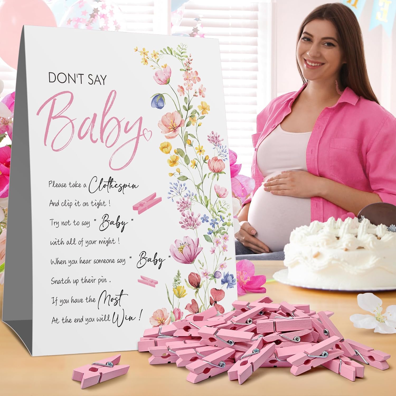 Wildflower Clothespin Baby Shower Game – 'Don'T Say Baby' Party Activity With Pink Floral Sign & 50 Mini Clothespins – Gender Reveal Decor For Girls – Baby Shower Decoration Set-C5