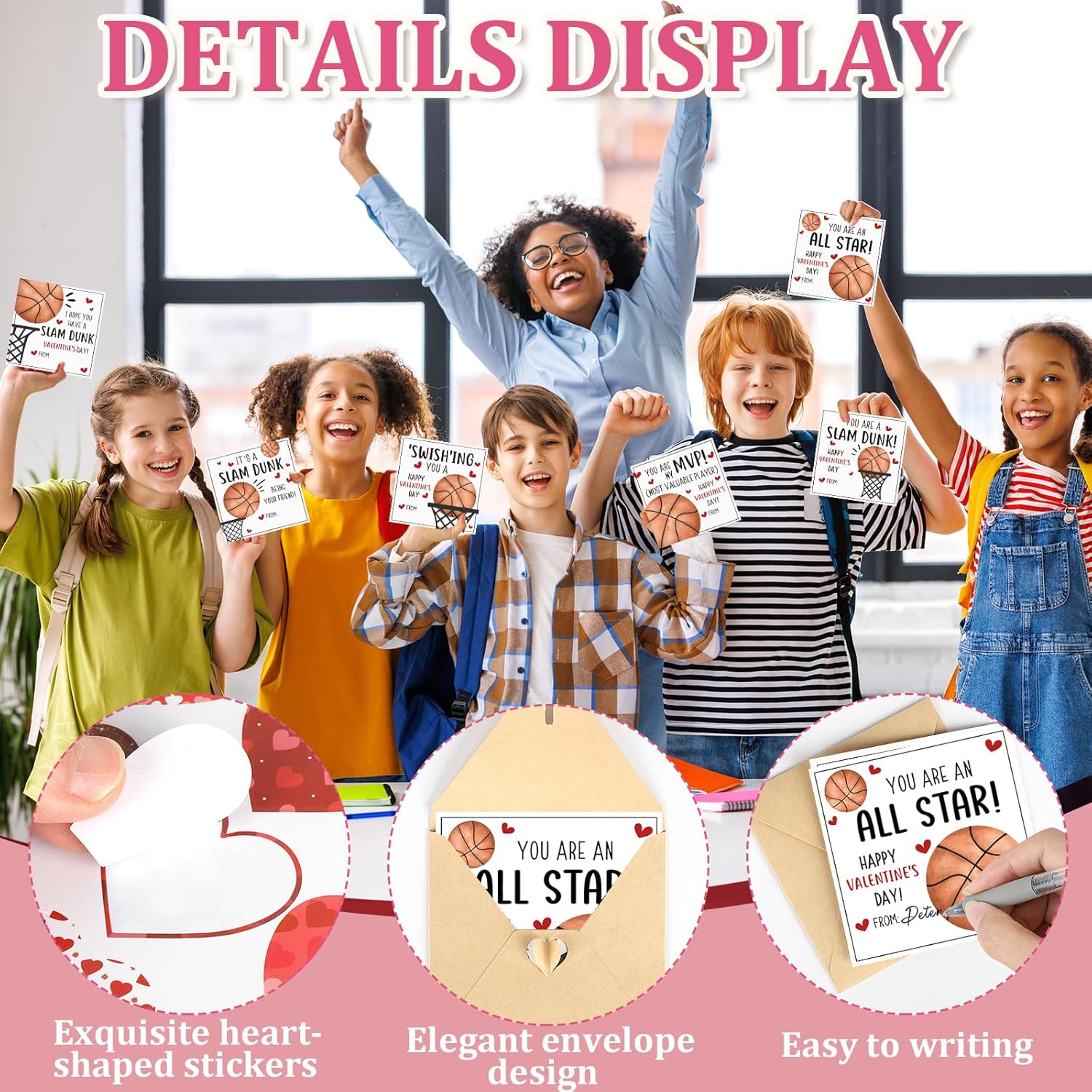 48 Pack Valentines Day Cards For Kids Classroom Basketball Valentine'S Day Exchange Greeting Cards With Envelopes And Heart Stickers For Kids Classroom School Party Favors 4.3 * 4.3 Inch