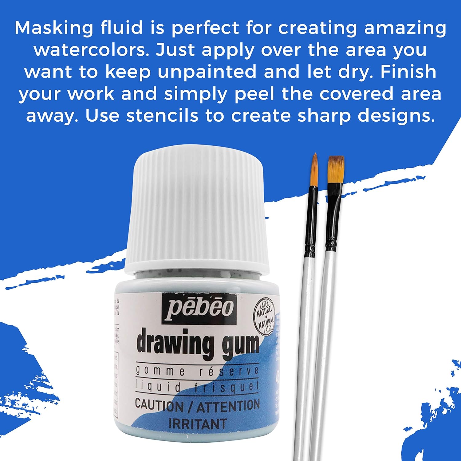 Pebeo Drawing Gum Made In France - Masking Fluid For Watercolor Painting And Various Art Projects - Bundled With Applicator Brush Set