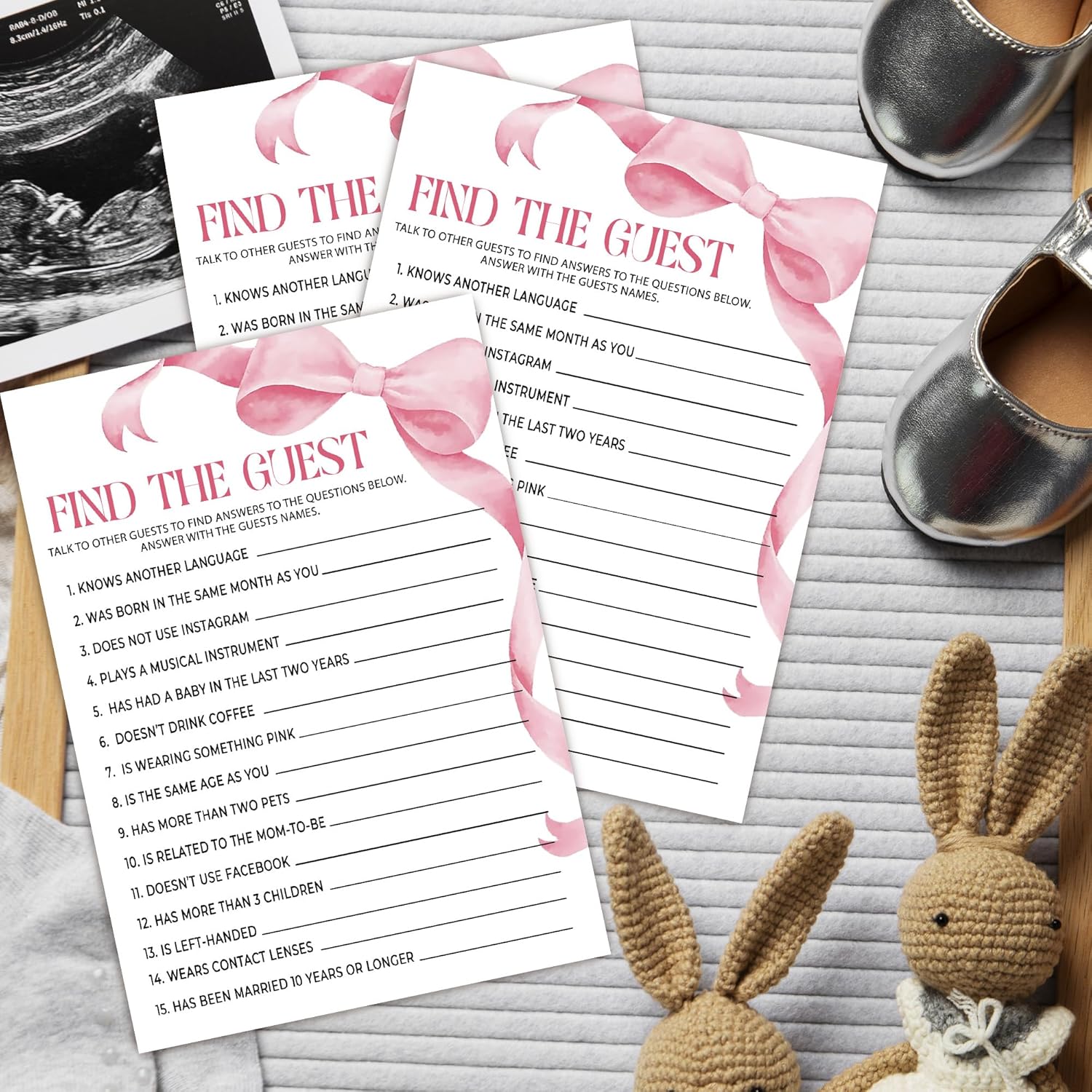 Pink Baby Shower Games For Girl, Find The Guest Game Cards, 25 Gender Neutral Cards, Pink Bow Gender Reveal Party Supply Kit, Baby Shower Decorations(5''X7'')-A04