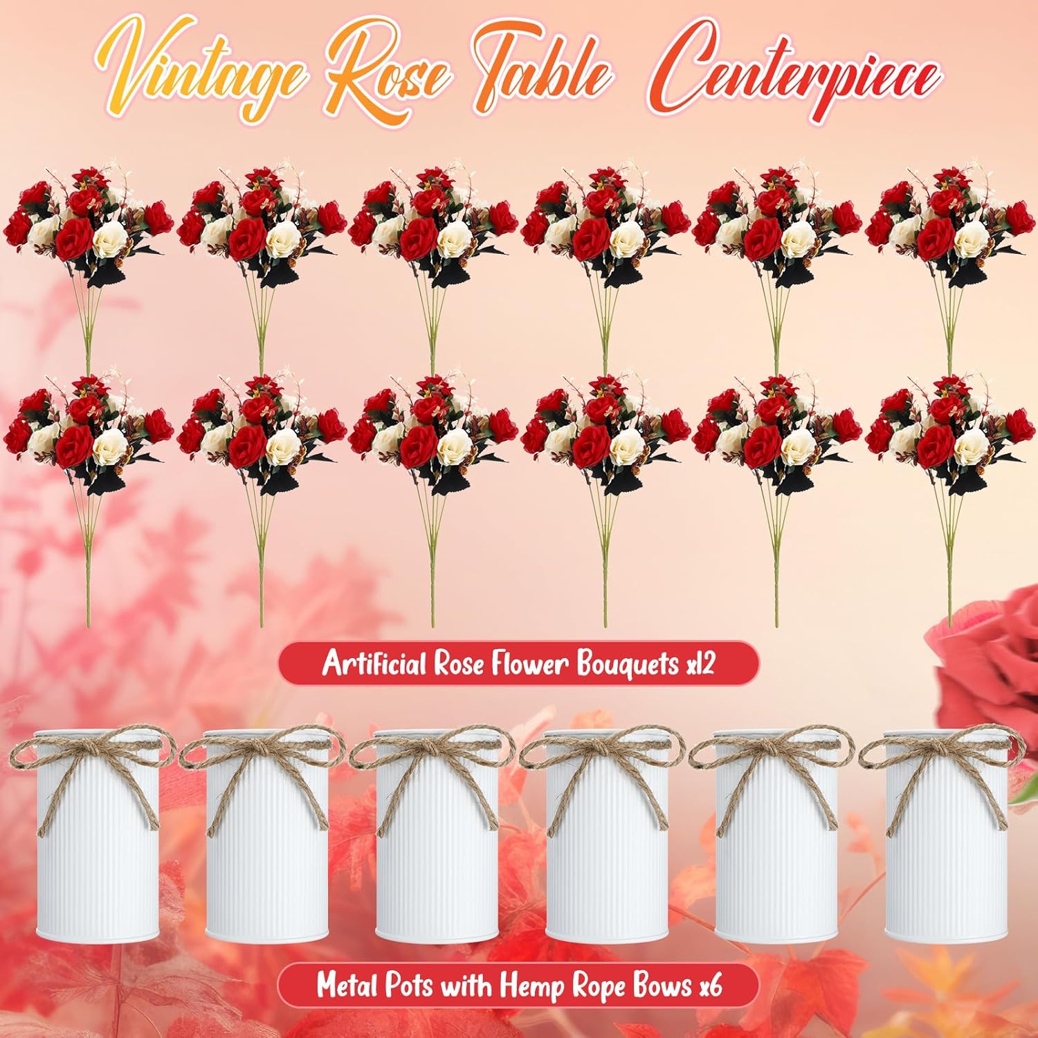 6 Sets Valentine'S Day Centerpiece For Table Artificial Rose With Vase Fake Bouquets And Metal Pot Floral Arrangements For Wedding Holiday Party Event Table Decor (Red)