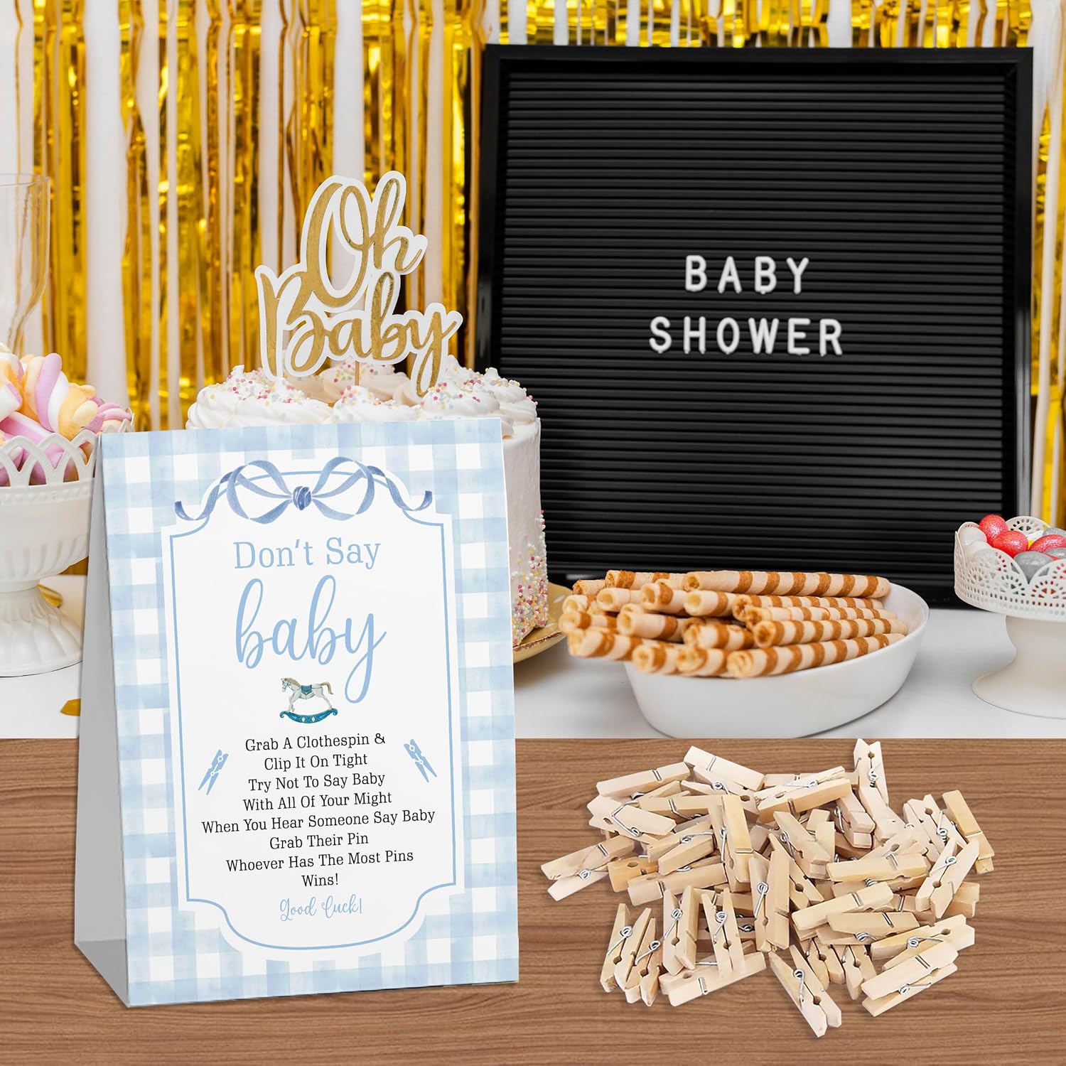 Baby Blue Boy Baby Shower Games, Don'T Say Baby Game For Baby Shower (One Sign With 50 Mini Clothespins),Blue Gingham Theme Baby Shower Decorations, Gender Reveal Game-Dsbb33