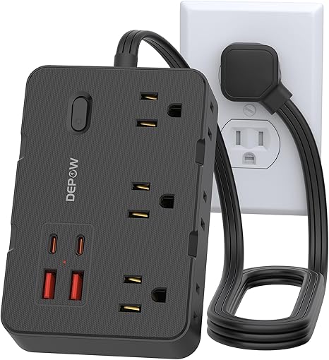 Surge Protector Power Strip 6 Outlets 4 USB Ports 2 USB C 3FT Flat Plug Extension Cord 1050J Black