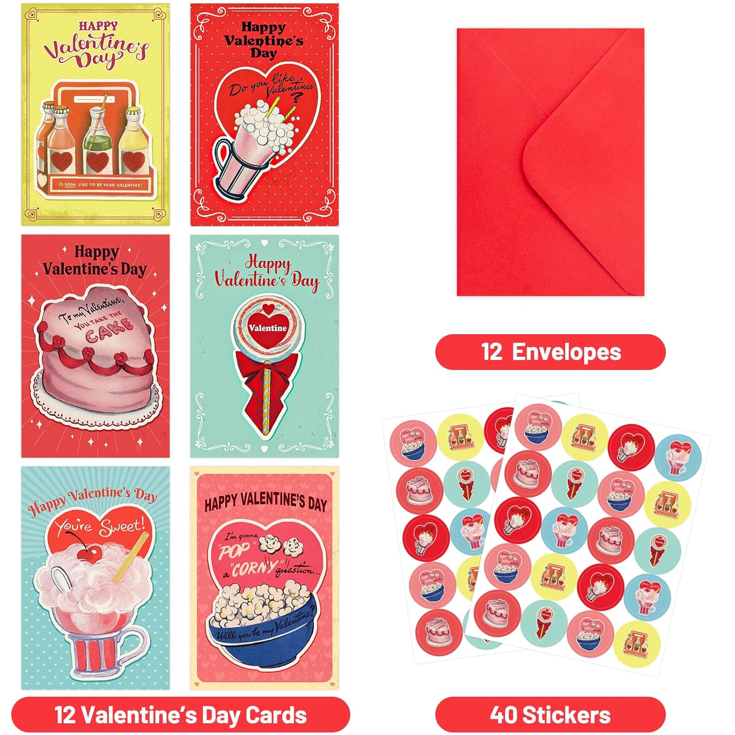 Vintage Valentines Day Cards Retro Dessert Happy Valentine'S Day Greeting Card Bulk With Envelopes For Kids Adults Classroom Gifts Party Favors