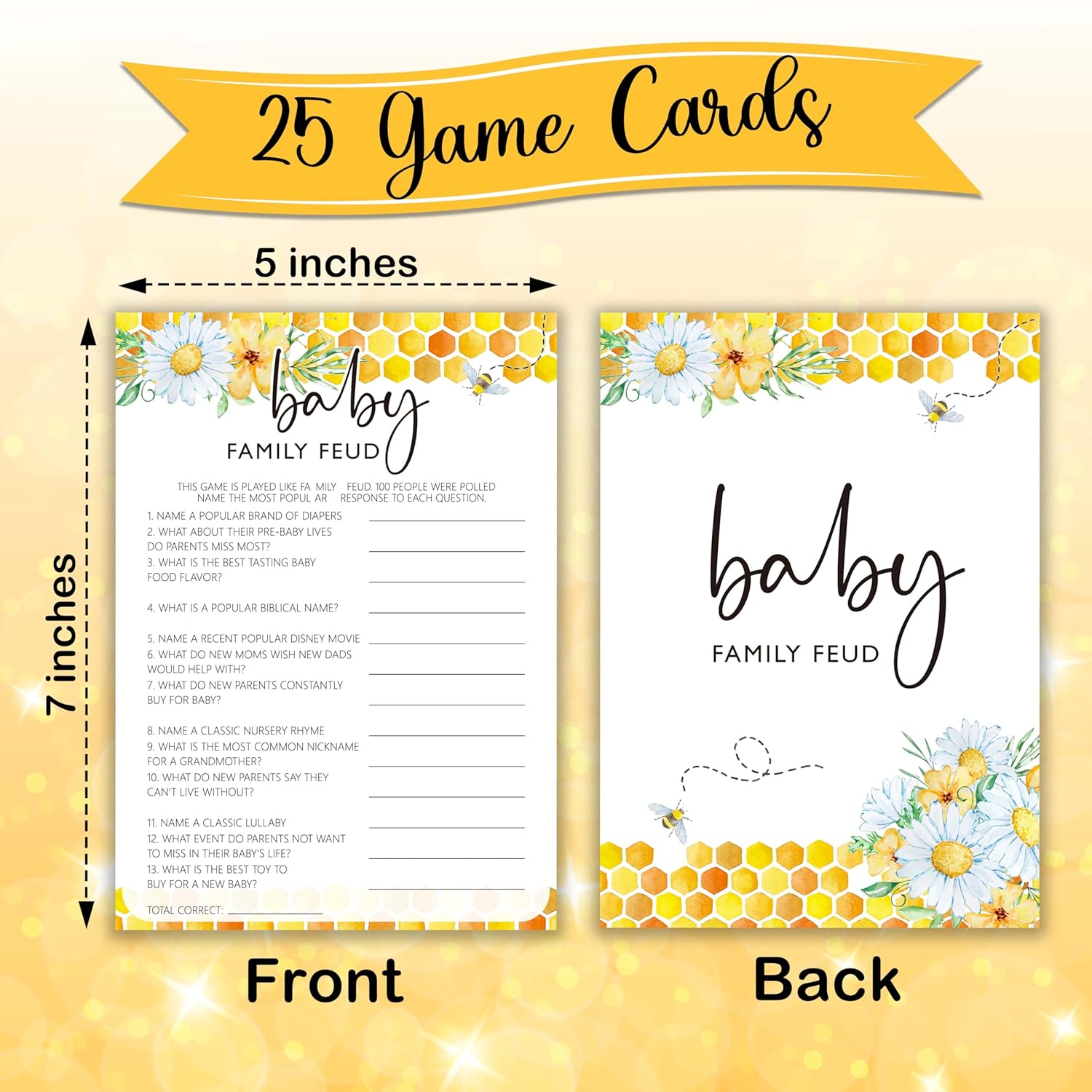 Bee Baby Shower Games, Summer Daisy Baby Family Feud Game, Bumble Bee Gender Neutral Party Supplies & Favor, 5X7 In & Set Of 25-A06