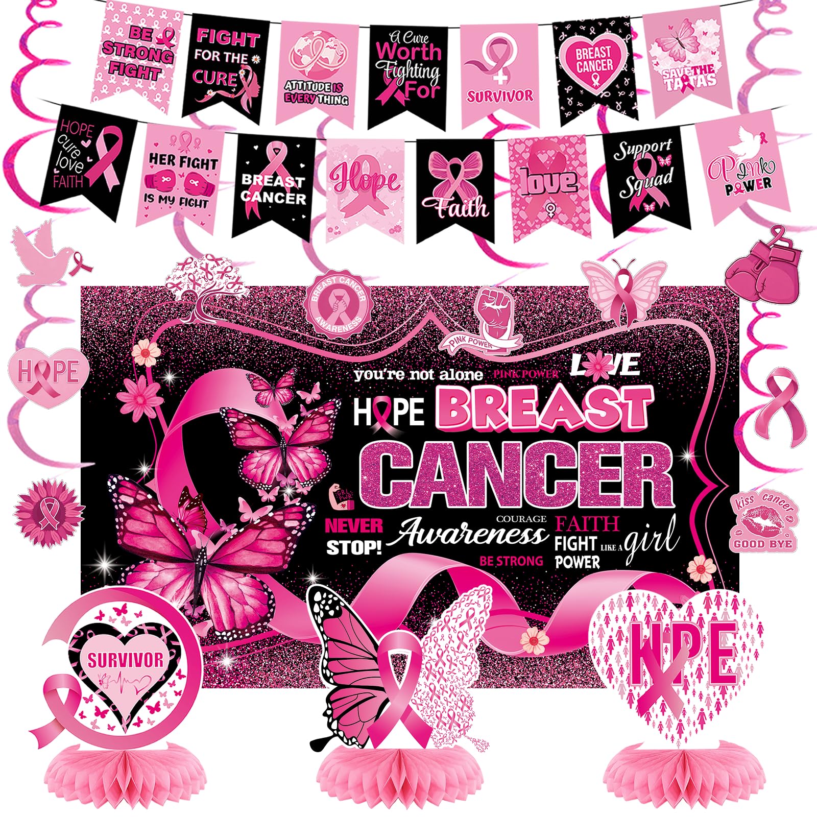 Breast Cancer Awareness Decorations, Pink Ribbon Banner,backdrop, Honeycomb Centerpieces,Breast Cancer Awareness Supplies Decorations for Women Charity Activities