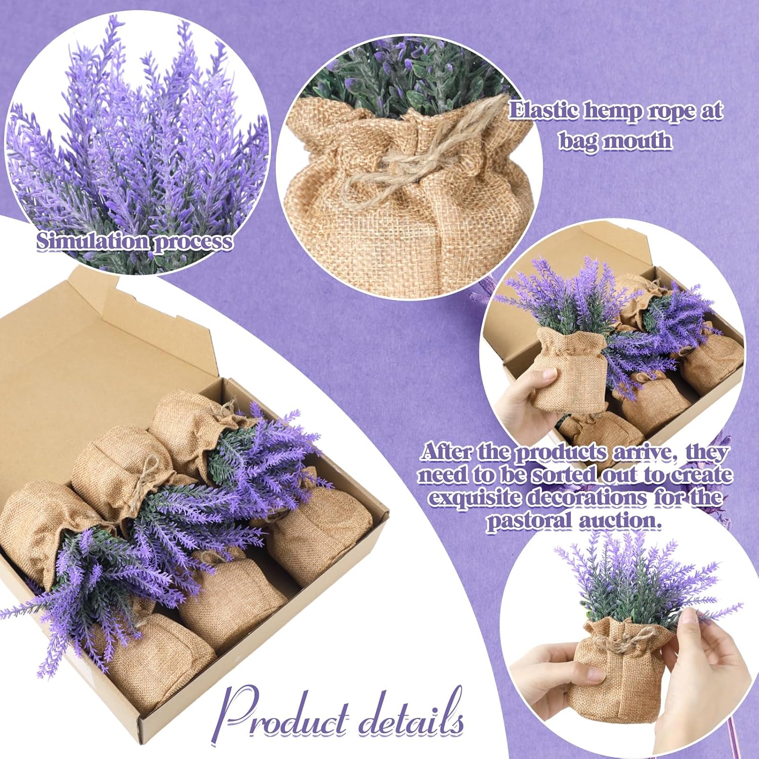 6 Pack Fake Lavender Plant Small Artificial Lavender Flowers Decor Burlap Bag Rustic Plant Potted For Kitchen Farmhouse Home Bedroom Wedding Table Country Indoor Decor
