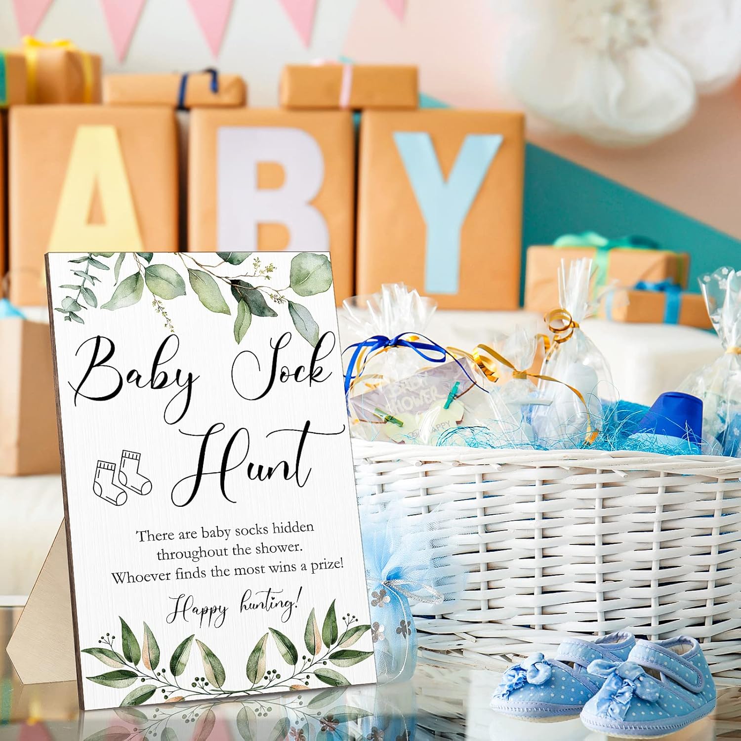 Baby Shower Games Sock Hunt Sign Wooden Tabletop Decor Greenery Gender Reveal Party Supplies Rustic Gift Sets Wooden Baby Shower Favors For Boy Girl, 5.12 X 7.87 X 0.2 Inch