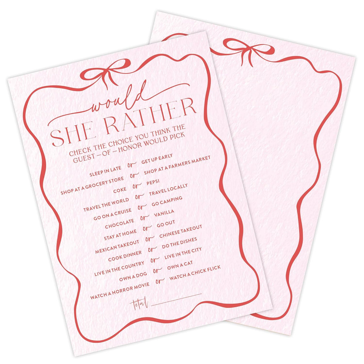 5" X 7" Pink Bow Bridal Shower Game Cards - Would She Rather - 30Pcs Double-Sided Fill-In Wedding Game Cards, Engagement & Wedding Party, Activities & Decor - A01