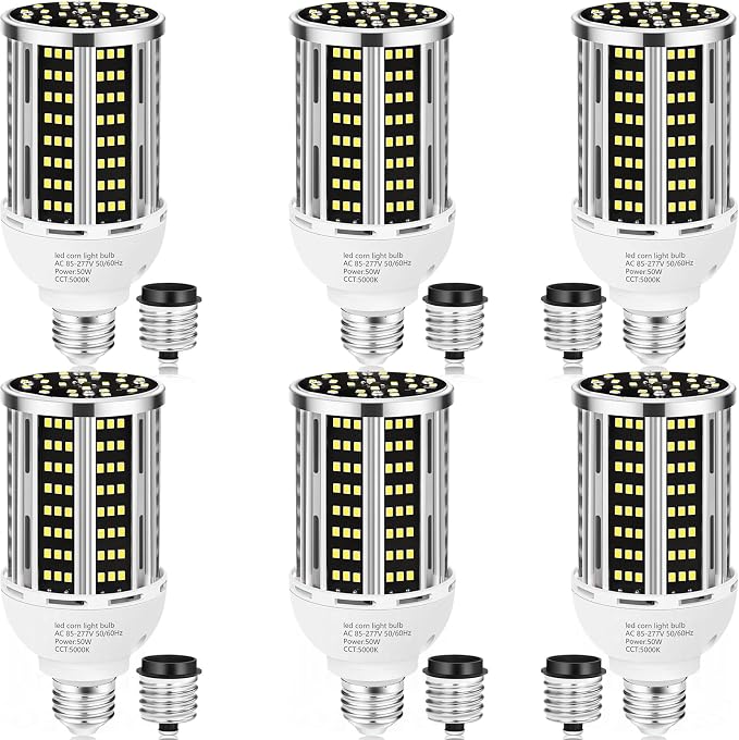 LED Corn Light Bulbs 6 Pack 50W 6500LM 500W Equivalent 5000K Daylight E26/E39 Warehouse Garage Lighting