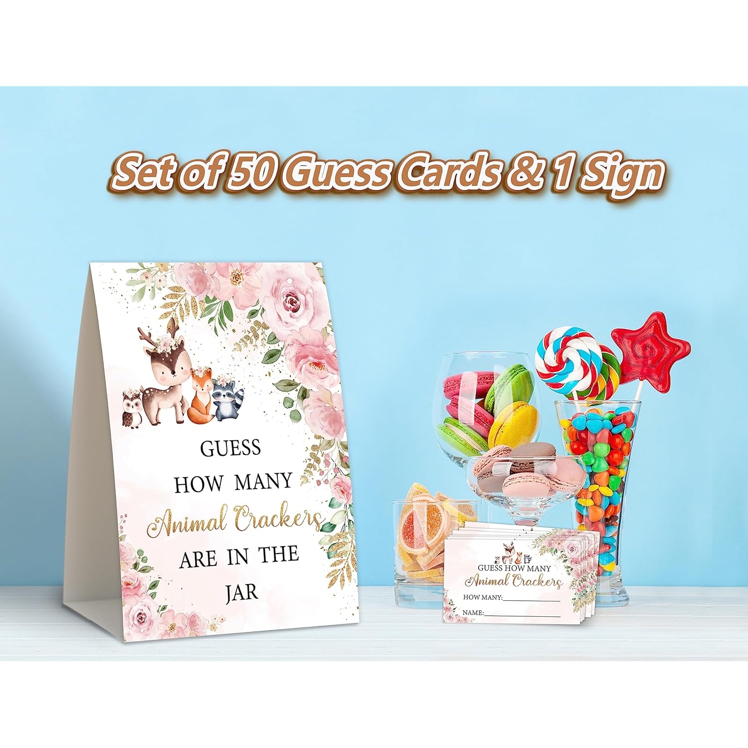 Floral Woodland Baby Shower Games,How Many Animal Crackers,Baby Shower Decorations,Baby Shower Decorations Gender Neutral,Baby Crackers Decor,Baby Shower Centerpieces,50 Cards & 1 Sign -4