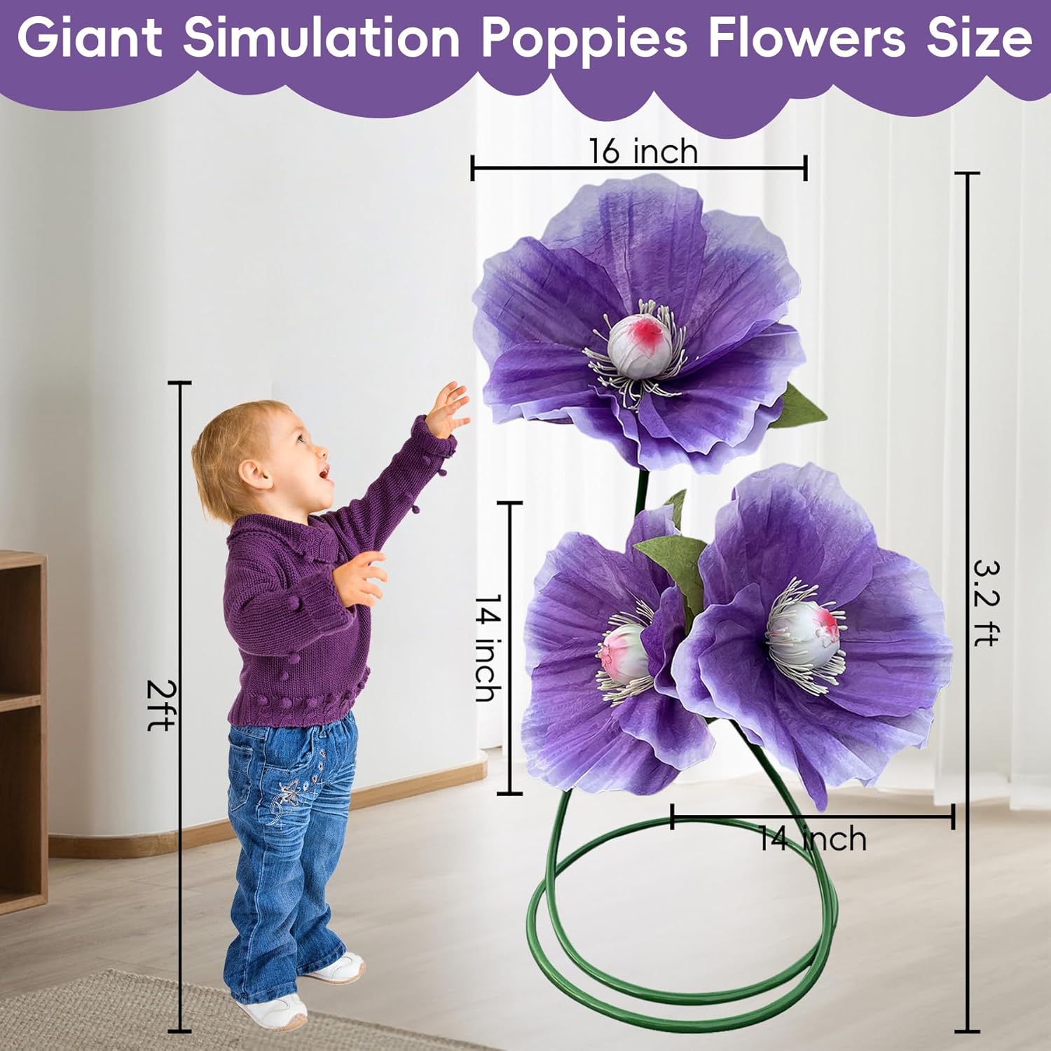 Giant Artificial Poppy Flowers - 38.5 Inch Tall Purple Fake Flowers With Stand - Set Of 3 Realistic Large Poppies For Wedding, Garden, Home, Hotel, Party & Shop Window Display Decor