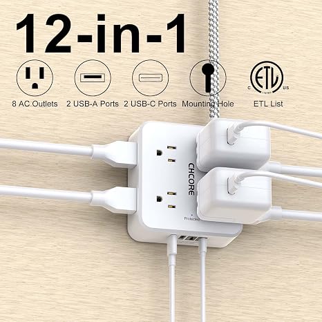 Surge Protector Power Strip with 8 Outlets 4 USB Ports 2 USB C 5FT Braided Flat Plug Extension Cord White