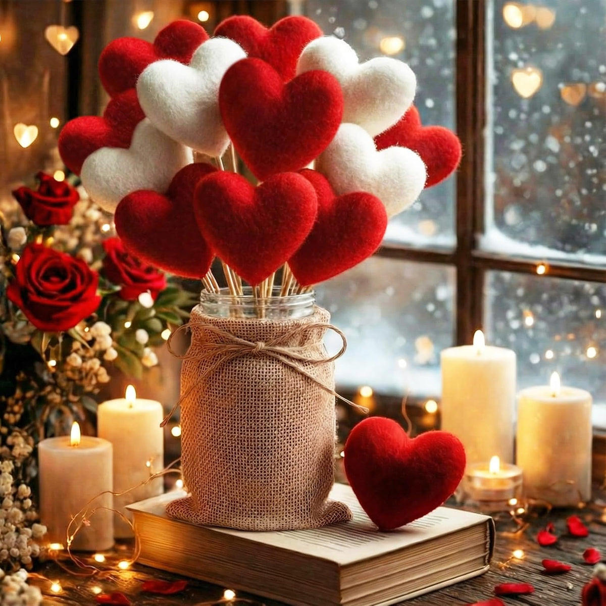 Rustic Valentines Table Decorations Set, Valentines Mason Jars Decor With 12 Pcs Red White Felt Heart Picks Galentines Bouquet Heart Flower Stick Gifts For Lovers Dinning Table Office