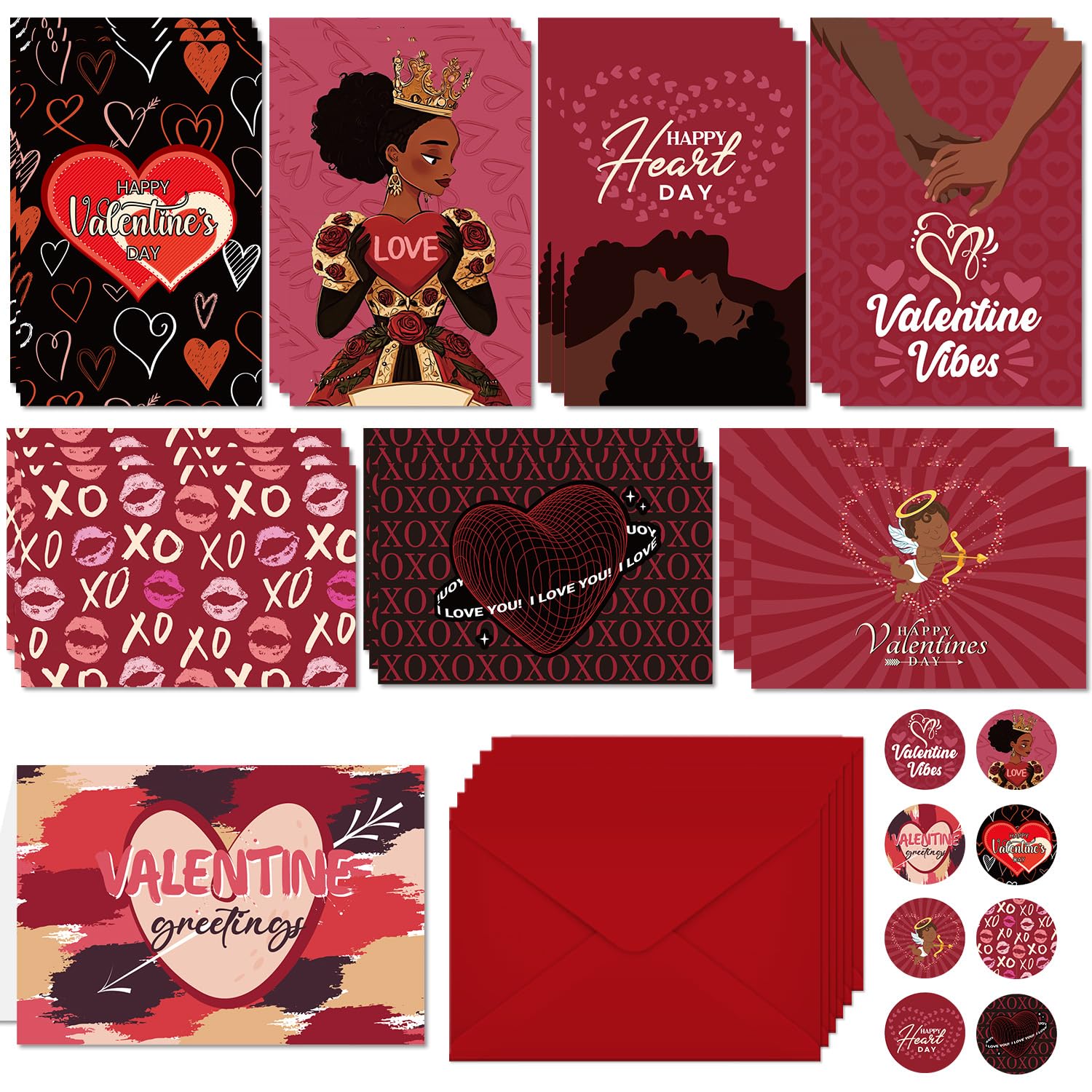 Valentines Day Cards Gifts - 32 Pack African American Valentine'S Day Greeting Cards With Envelopes And Stickers, Black Valentine Love Heart Supplies Gifts For Family Friends Coworkers (Blank Inside)