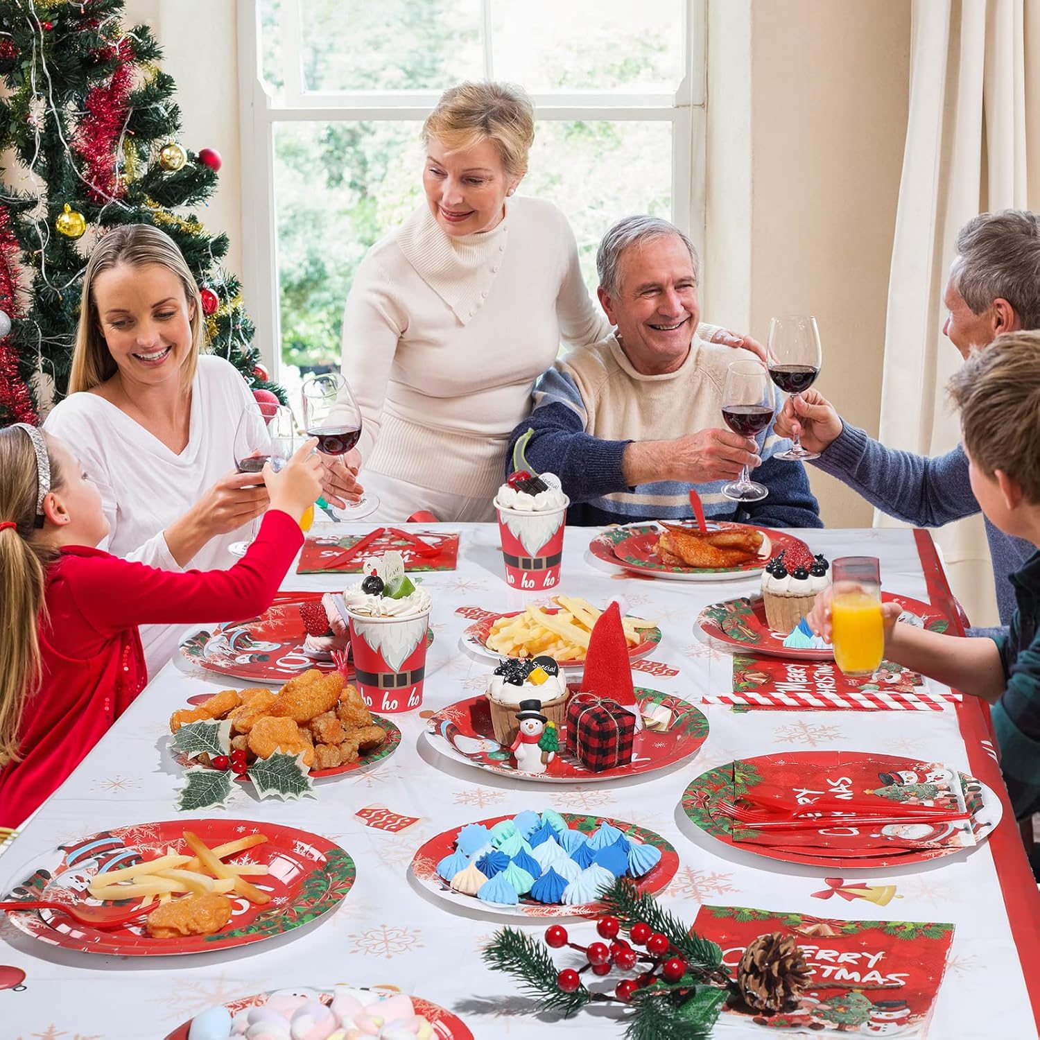 194 Pcs Christmas Party Tableware Set Cute Santa And Snowman Theme Party Supplies Merry Christmas Tablecloth Plates Napkins Pack For Xmas Holiday Dinner Decoration, Serves 24