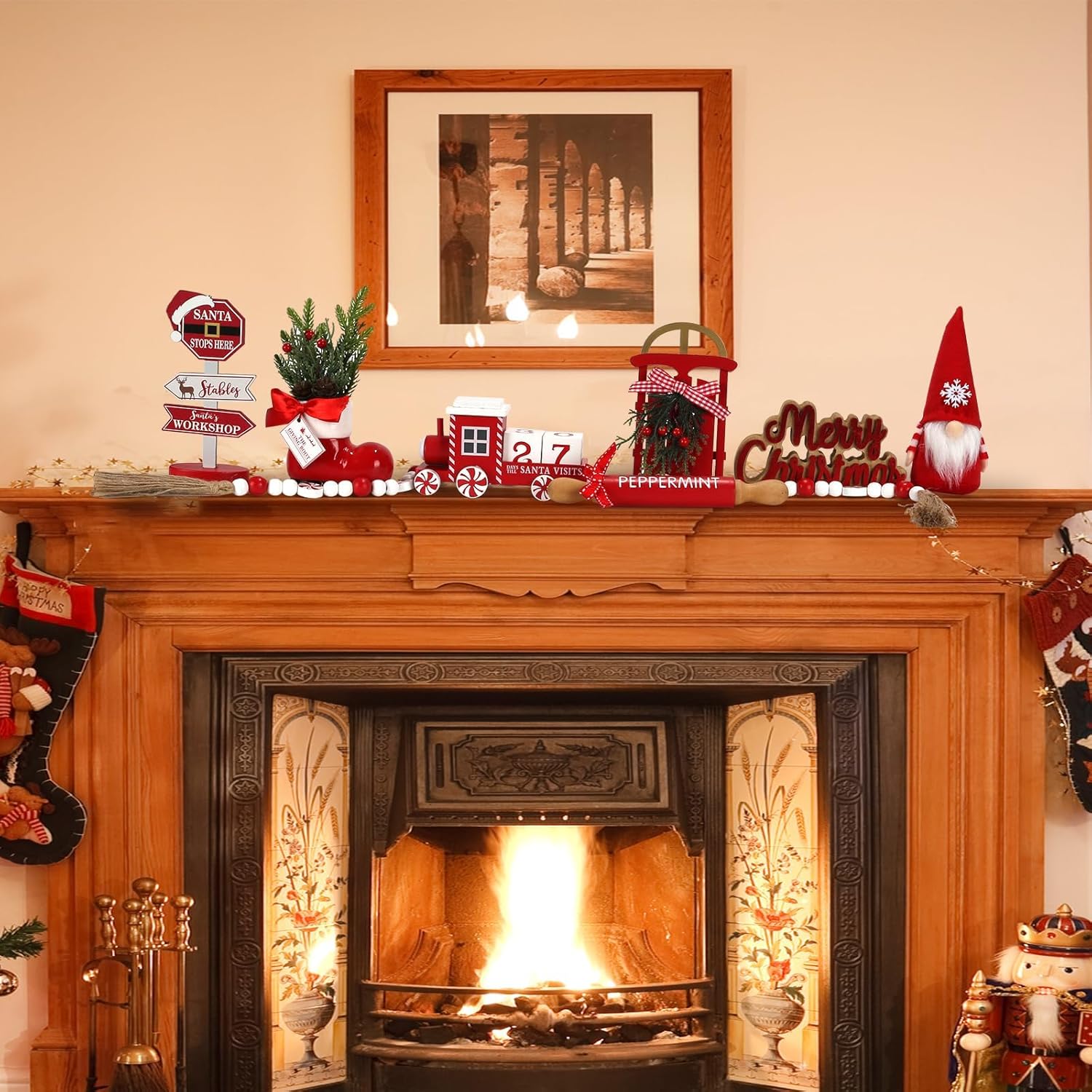 Christmas Decorations 8 Pcs Tiered Tray Decor Set, Cute Tabletop Christmas Decor For Home Shelf Mantel Fireplace Office Desk Coffee Bar Xmas Table Centerpieces Tray Objects Holiday Decoration Set