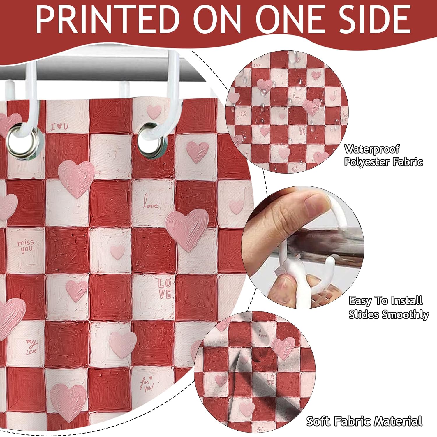 Red Valentines Shower Curtain - Sweet Love Kiss Me Heart Shower Curtain For Valentine Day Decorations, Romantic Retro Grid Waterproof Bath Curtain 72 X 72 Inch