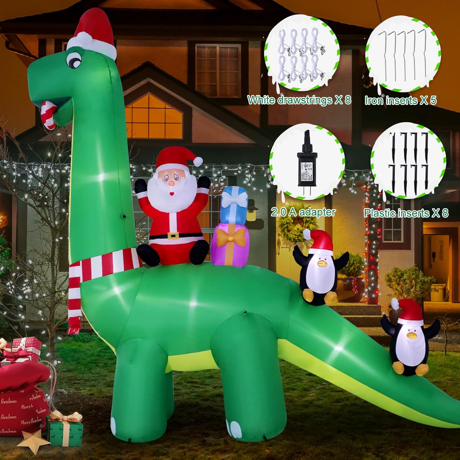 13Ft Christmas Inflatable Outdoor Decorations, Dinosaur Back Santa Claus Inflatable Decorations With Led Lights For Indo