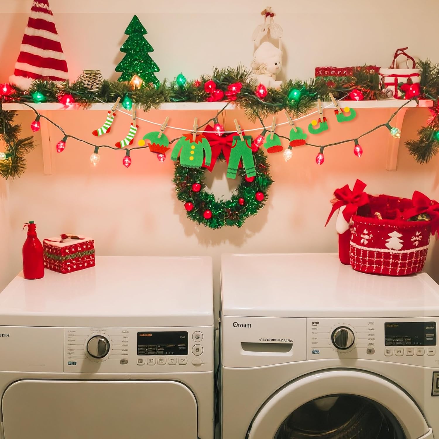 Christmas Elf Clothesline Banner - 23P Elf'S Laundry Line Decor, Merry Christmas Bunting Garland Felt Gathering Hanging Accessories For Xmas Party Home Door Fireplace Office Indoor Outdoor