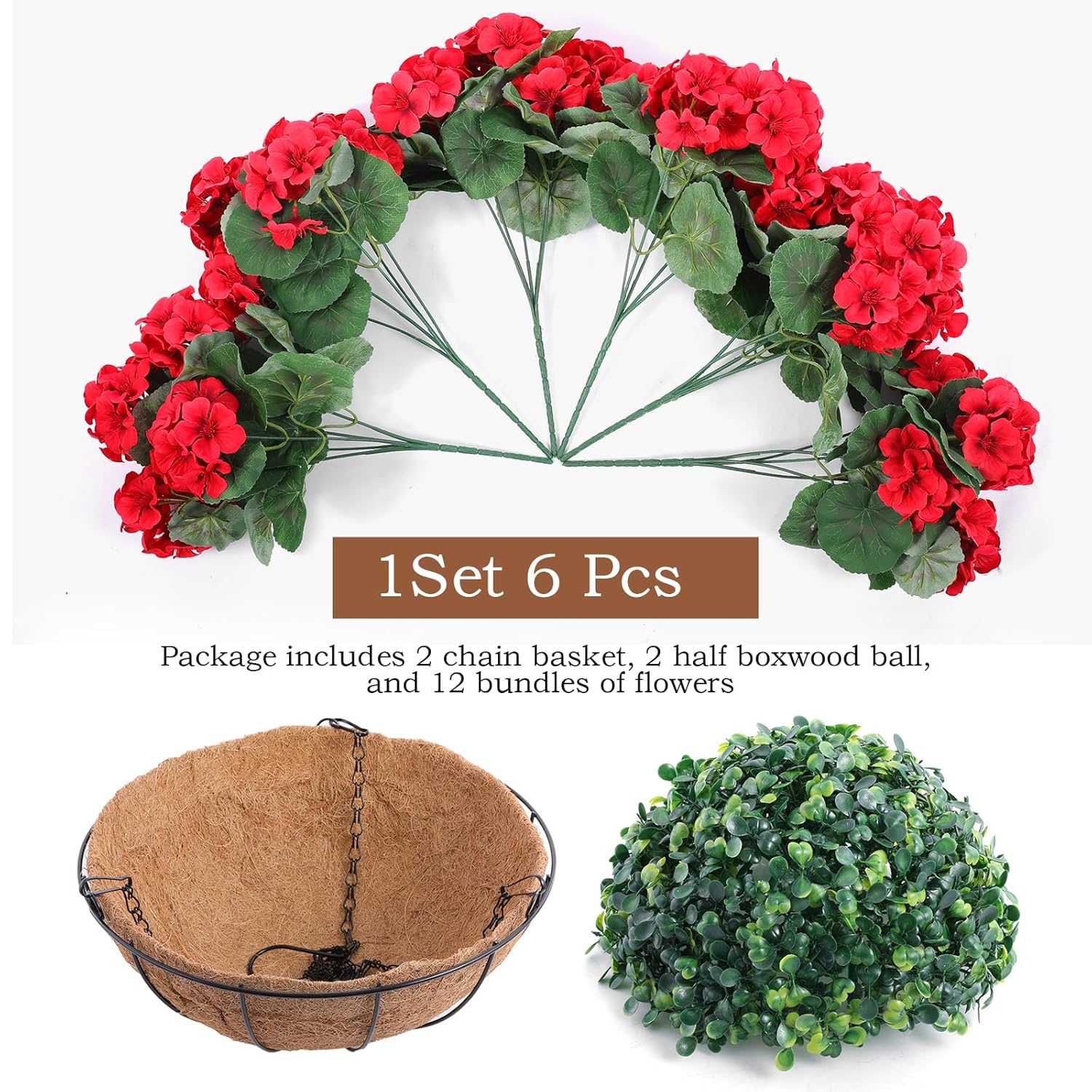 2 Set Artificial Red Geraniums Flowers For Outdoors With Hanging Baskets, 2 Hanging Planters With 12 Pcs Red Geranium Flowers For Christmas Front Porch Garden Patio Home Decor (2, Red)