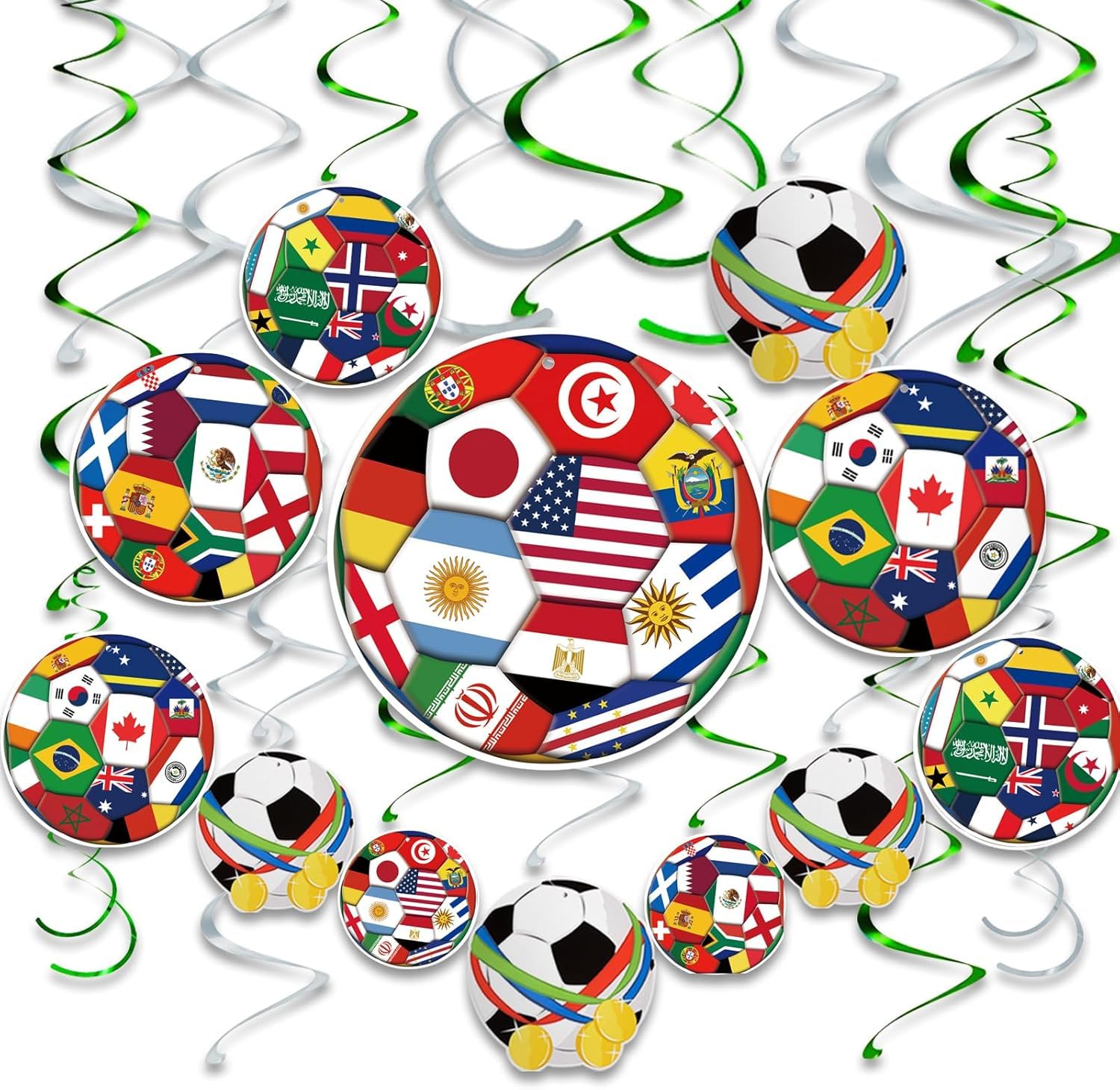 24pcs Soccer Hanging Swirls for Party Decorations, 12Pcs Soccer Flag Hanging Swirls and 12pcs Hanging Swirls for Soccer Birthday Party Home Sports Club Bar Decorations