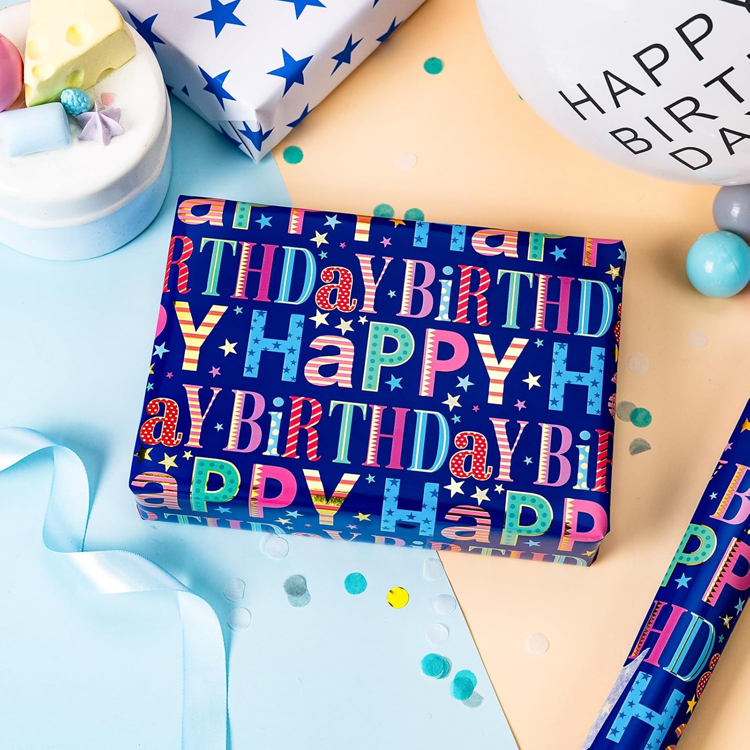 Blue Birthday Wrapping Paper Roll - Colorful Happy Birthday Letters With Metallic Foil Shine & Stars Reversible Gift Wrap For Boys Baby Shower, Party - Mini Roll - 17 Inch X 16.5 Feet