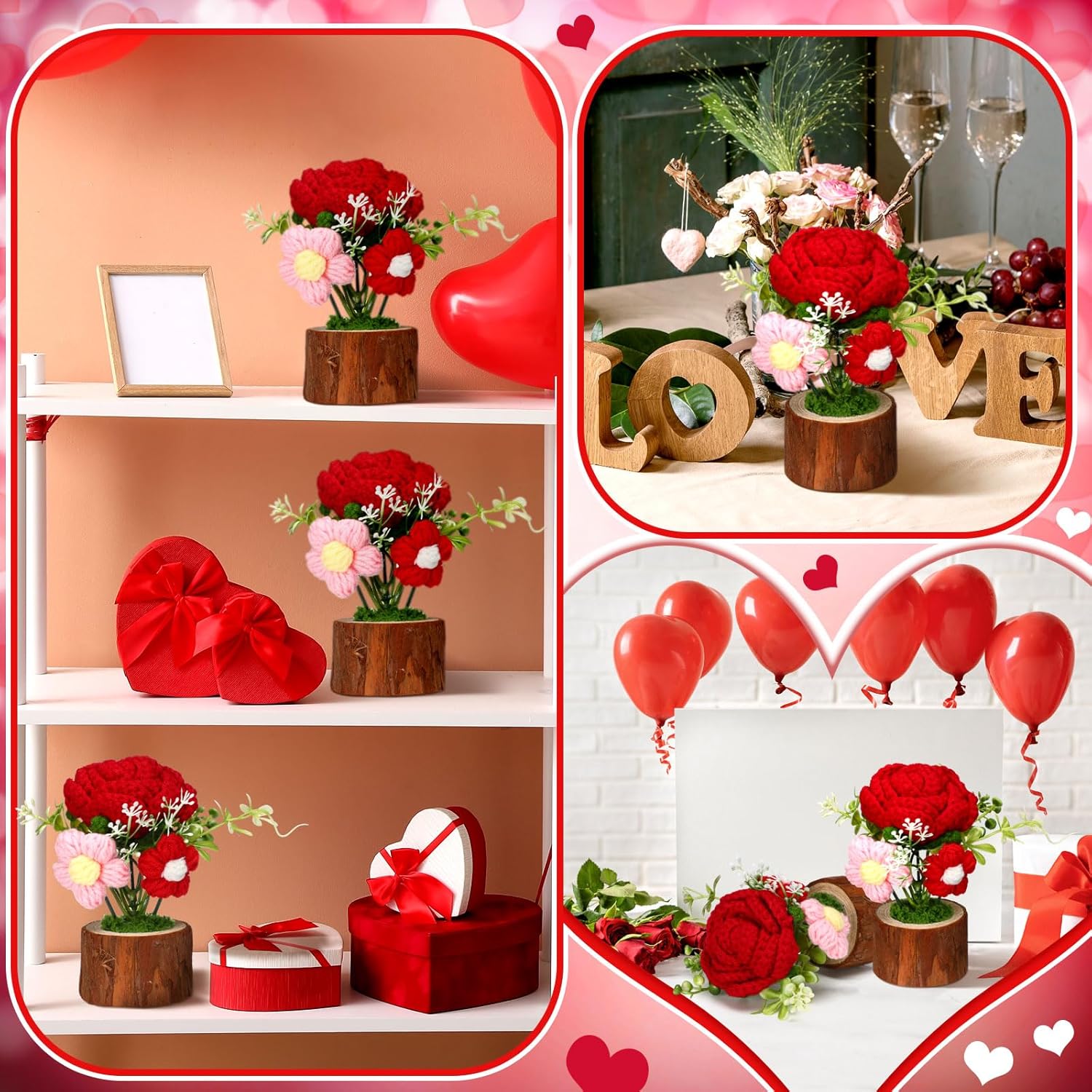2 Pcs Valentine'S Day Decorations Artificial Potted Flower For Valentines Table Decor Handmade Crochet Rose Bouquet Knitted Creative Potted Plant Thank You Gifts For Valentine'S Day