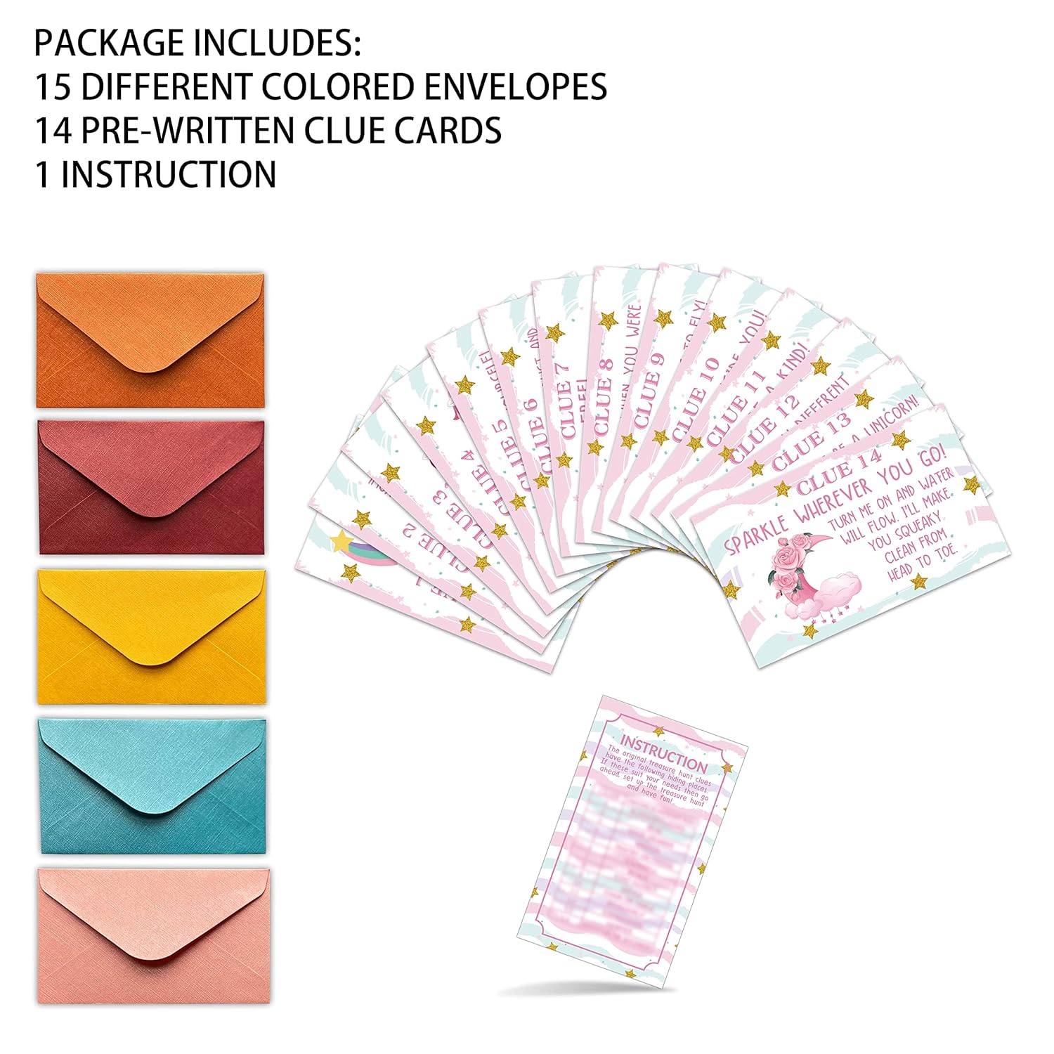 Birthday Treasure Hunt Clues Game Cards, Birthday Party Scavenger Hunt Card Game(15 Cards With Colourful Envelopes), Indoor Ourdoor Children'S Day Party Activities, Birthday Party Decorations(02)