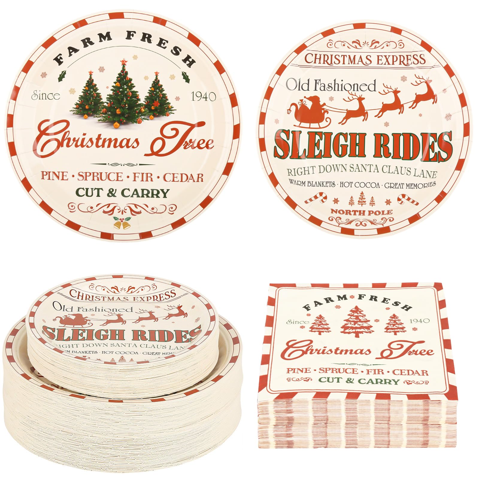 150Pcs Christmas Paper Plates & Napkins, Vintage Farmhouse Party Set