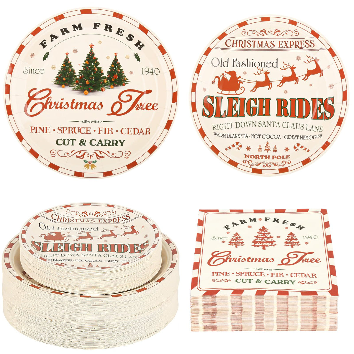 150Pcs Christmas Paper Plates & Napkins, Vintage Farmhouse Party Set