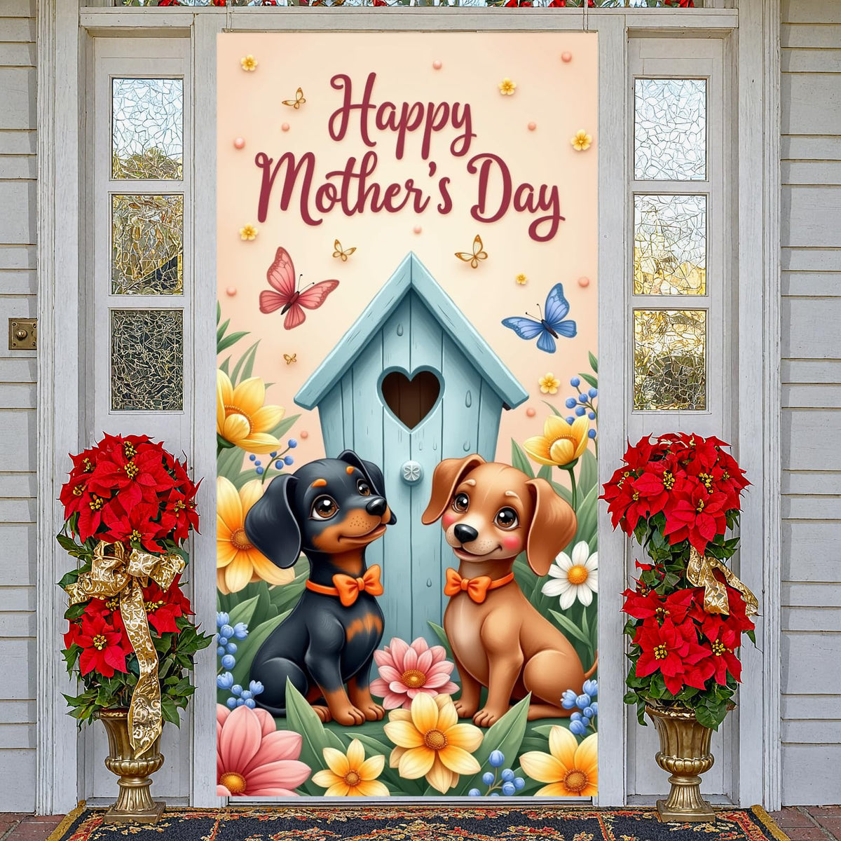 Happy Mother's Day Banner Decorations 71x35" Mothers Day Door Cover Cute Dog Birdhouse Hanging Backdrop Photo Booth Prop for Mom Happy Mothers Day Indoor Outdoor Decor