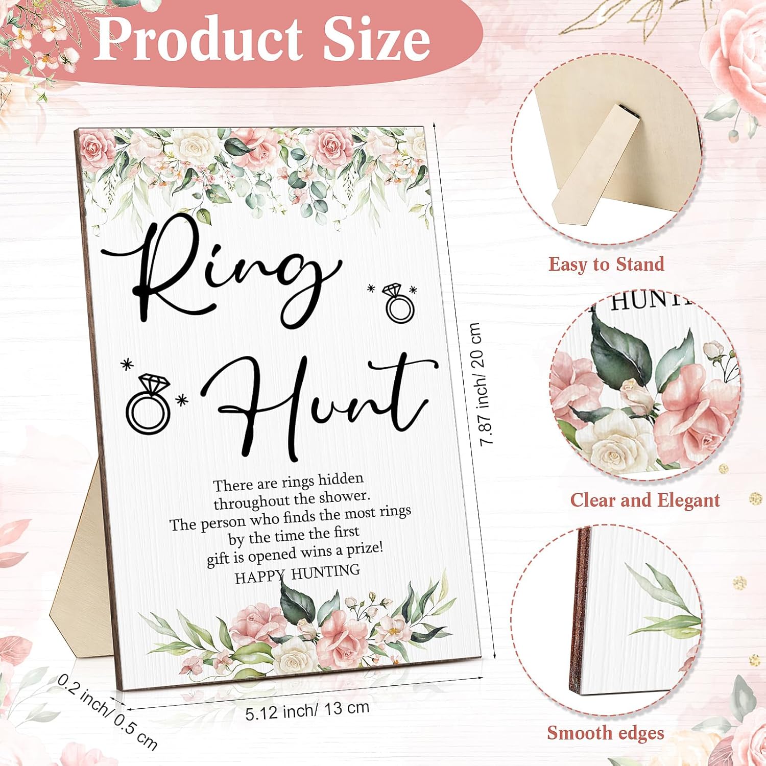Bridal Shower Games With Rings Funny Hunt Games Sign Wooden Game Sign And 100 Mini Plastic Fake Rings With Diamond For Bride Shower Game Wedding Winner Gifts Party Favors(Flower)