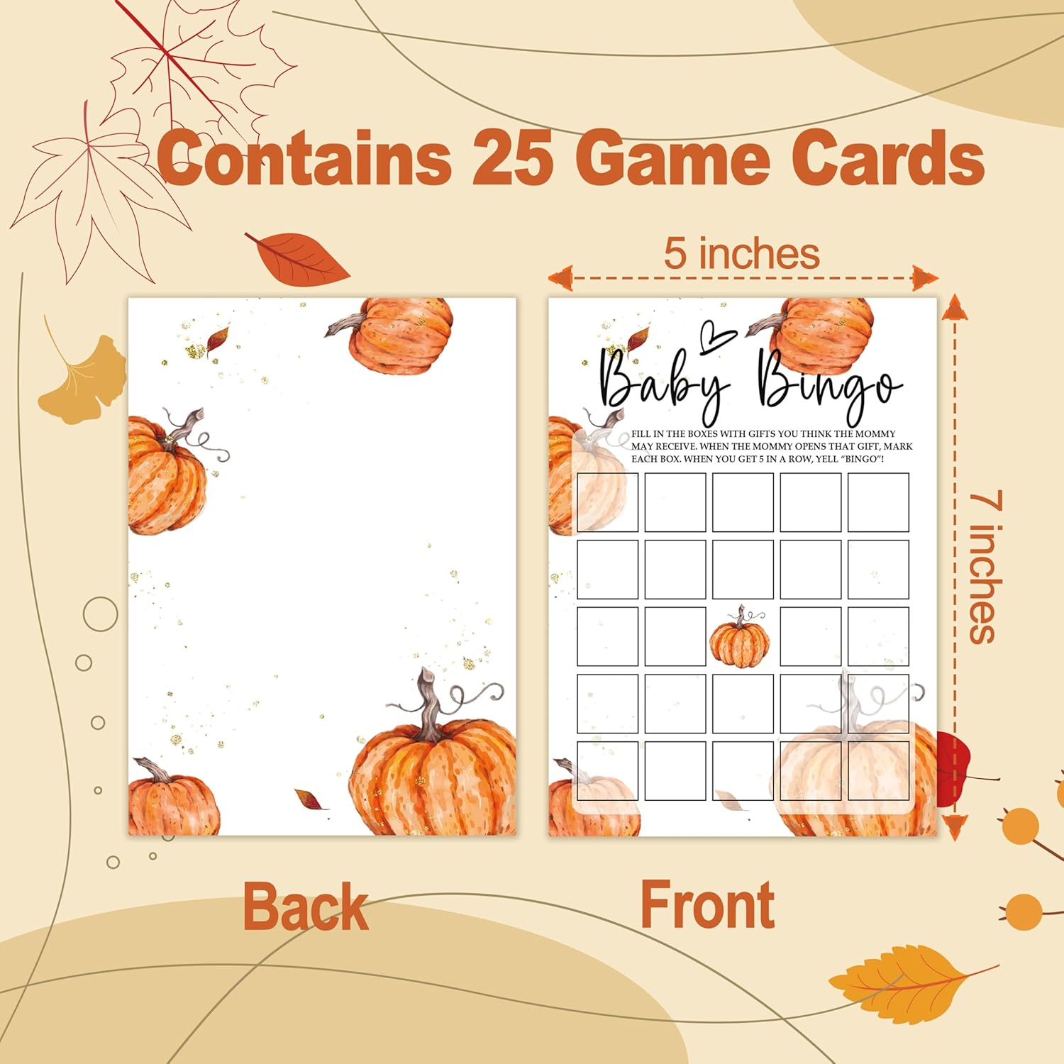 Fall Baby Shower Games, 25 Pcs Baby Bingo Cards For Guests, Little Pumpkin Gender Reveal Decorations For Party Favors - A02