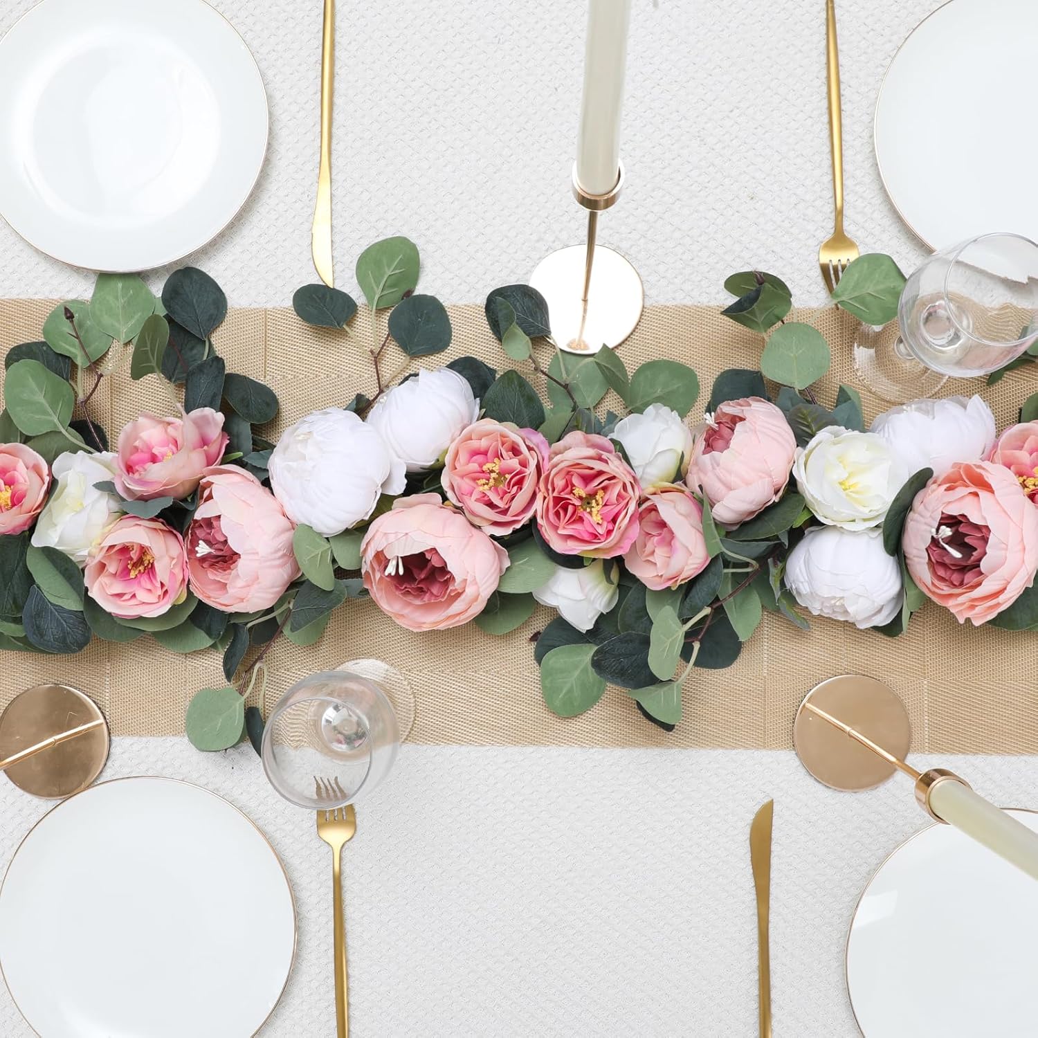 2 Pack Artificial Flower Garlands 11.2Ft Eucalyptus Garlands With Flowers 8 Head Peony Flower Vine Faux Floral Garland For Wedding Arch Table Wall Backdrop Wreath Decoration. (Pink & White)