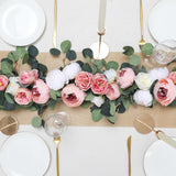 2 Pack Artificial Flower Garlands 11.2Ft Eucalyptus Garlands With Flowers 8 Head Peony Flower Vine Faux Floral Garland For Wedding Arch Table Wall Backdrop Wreath Decoration. (Pink & White)