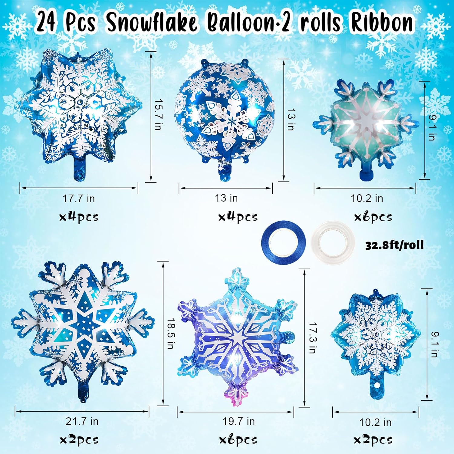 Snowflake Balloons, 24 Pcs Snowflake Shaped Foil Balloon, Large Frozen Snowflake Mylar Balloons For Birthday Christmas New Year Winter Wonderland Themed Party Decoration Supplies