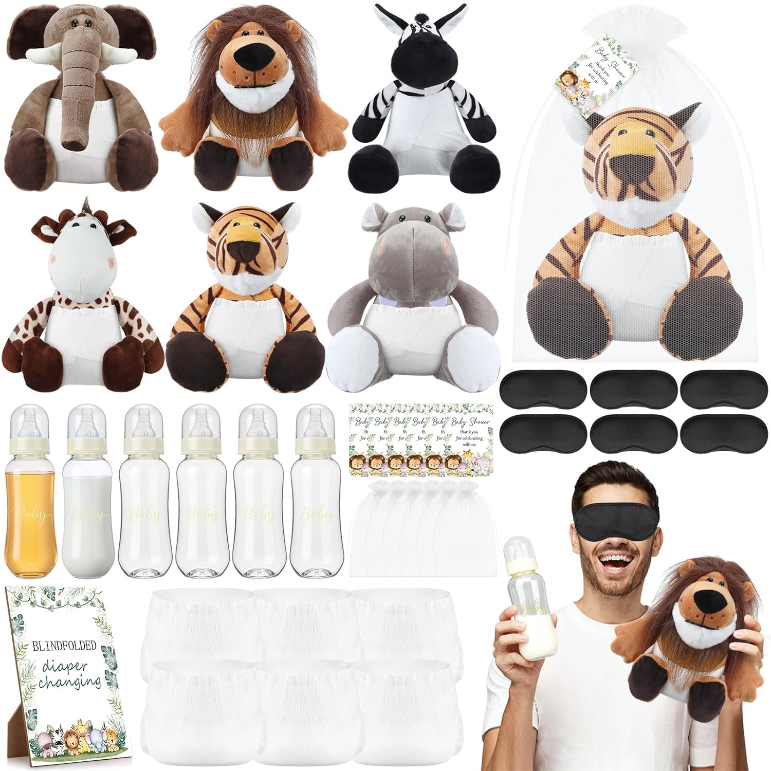 37 Pcs Safari Animals Blindfolded Diaper Changing Bottle Chug Baby Shower Games Juegos Para Baby Dolls Diapers For Gender Reveal Games Prizes Gifts For Adults