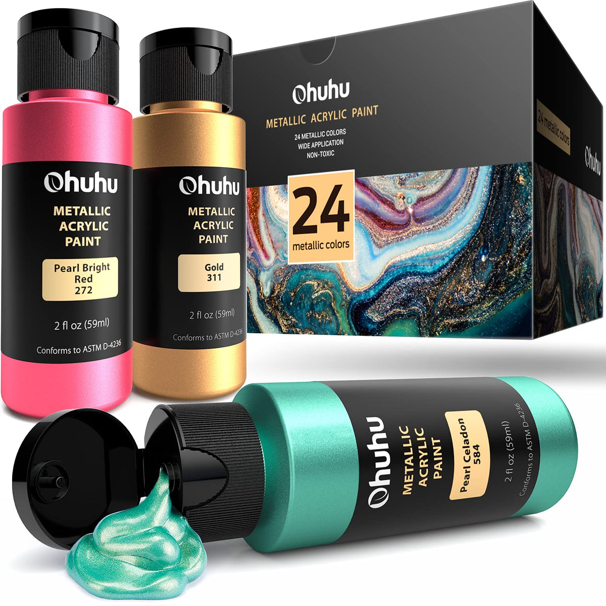 Acrylic Paint Set for Art, Ohuhu 24 Colors 2 Ounce/59ml Metallic Acrylic Paint Supplies for Wood, Fabric, Crafts, Canvas, Leather&Stone