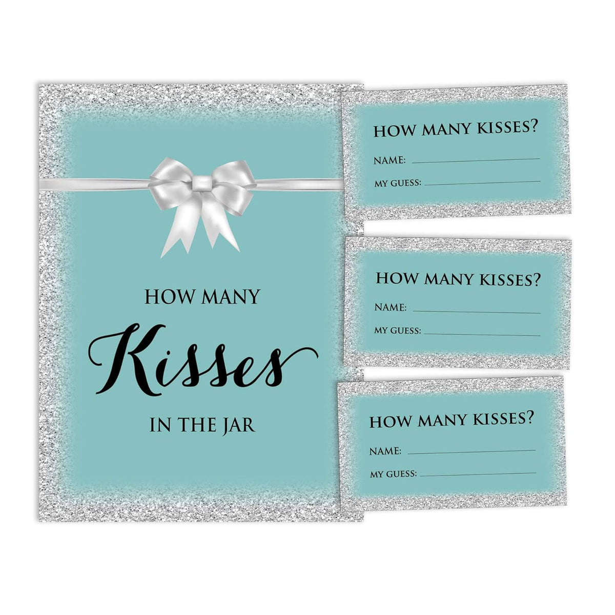 Aquamarine Glitter How Many Kisses In The Jar Bridal Shower Game 1 Sign + 30 Cards