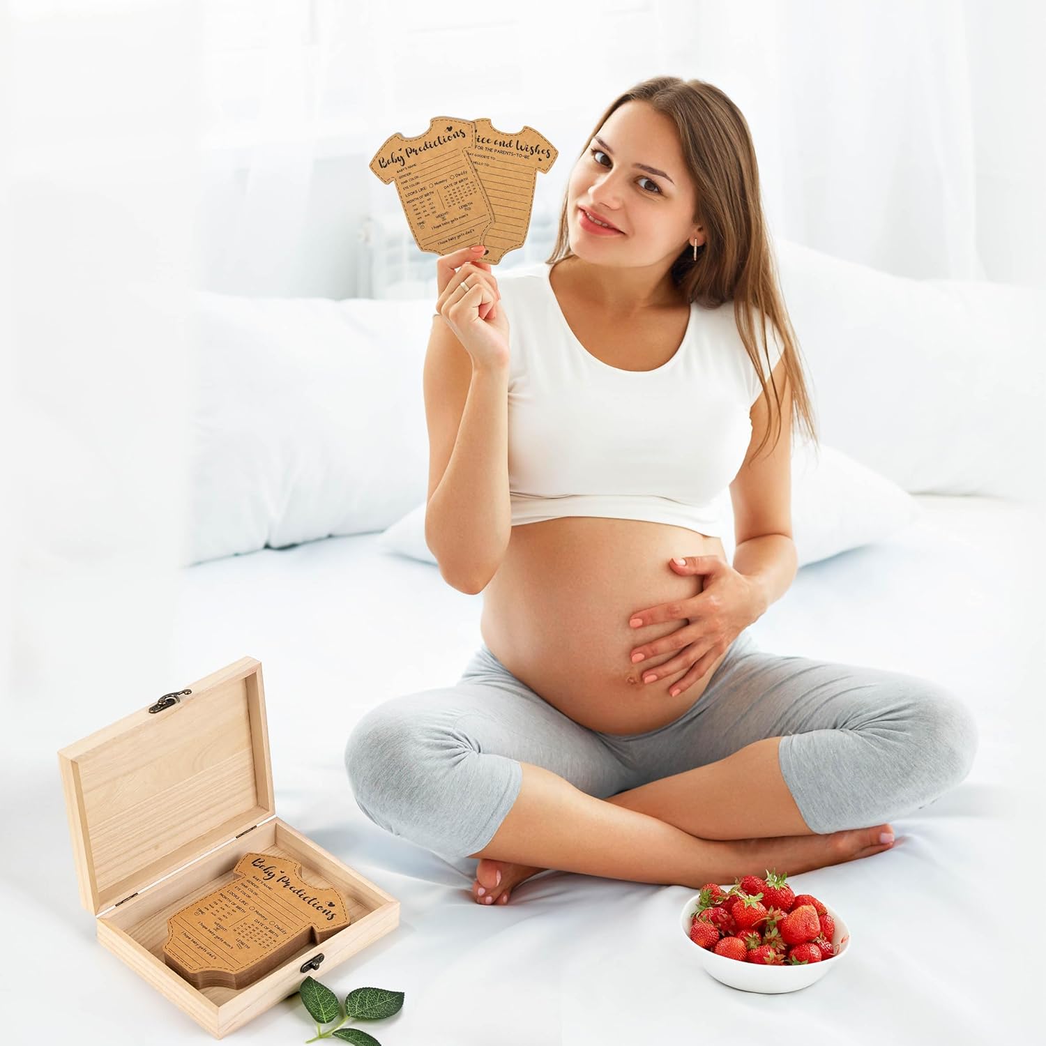 42Pcs Baby Prediction Cards With Wood Box Shower Decorations Advice Table For Games Gender Neutral Guessing Activities Set 5.12 X 6.5Inch Kraft