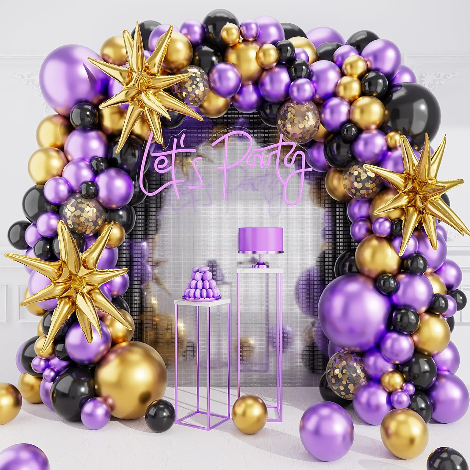 Metallic Purple Black Balloons Arch Garland Kit-Metallic Gold Balloon Gold Confetti Balloon 127Pcs For Graduation,Birthday,Easter,Baby Shower,Anniversary,Christmas Party Decorations.