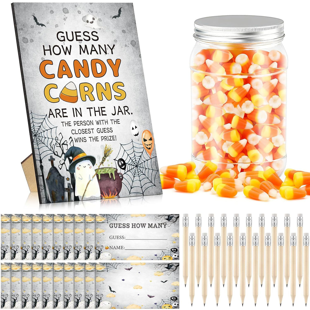 Guess How Many Candy Corns Halloween Party Game 50 Guessing Cards 20 Pencils 1 Jar 1 Standing Sign Halloween Baby Shower Party Game For Adults Guess How Many Candies Are In The Jar