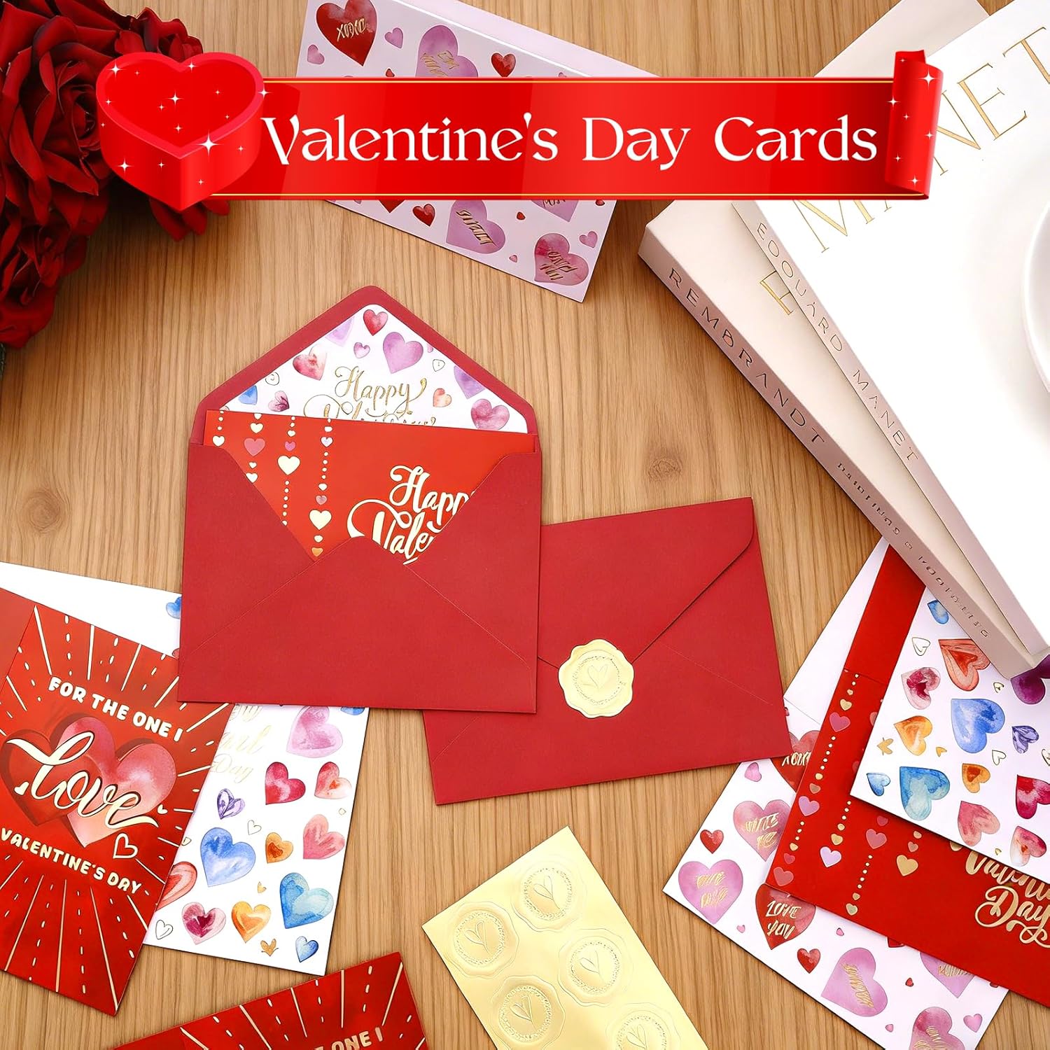 24 Pack Valentine'S Day Cards With Envelopes & Stickers, Gold Foil Romantic Love Greeting Cards Happy Heart Day Blank Note Card For Couples, Wife, Girlfriend
