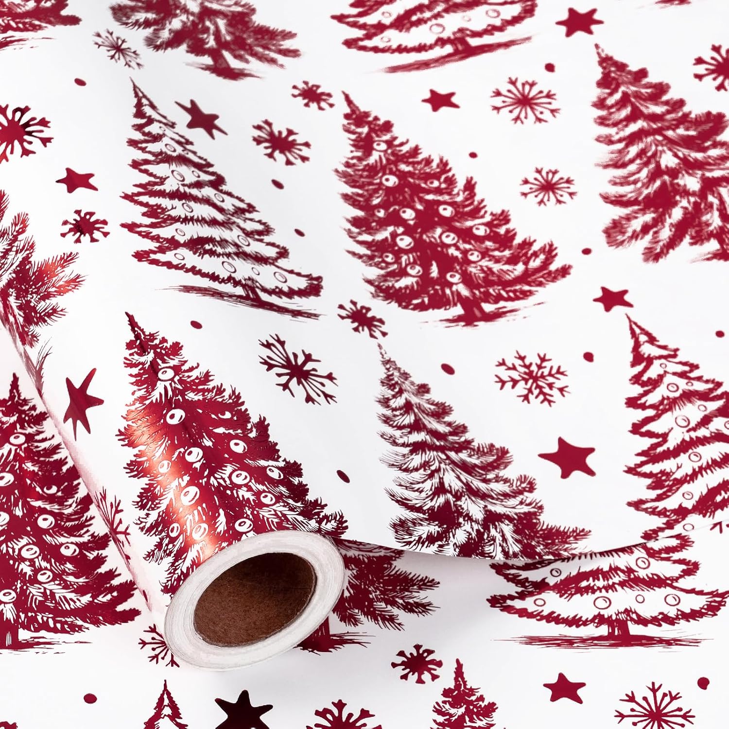Christmas Wrapping Paper Roll - Mini Roll - Red Foil Christmas Tree Pattern Great For Holiday Gifts, Party And More - 17 Inches X 16.5 Feet